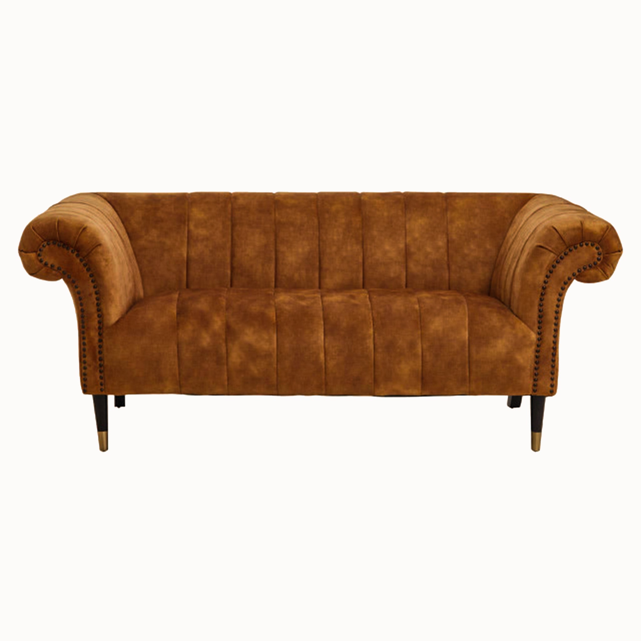 Front view of the Elara Two Seat Sofa in Gold Velvet Upholstery featuring deep channel stitching, elegant scroll arms, decorative nailhead trim and luxurious gold velvet upholstery for contemporary living rooms.