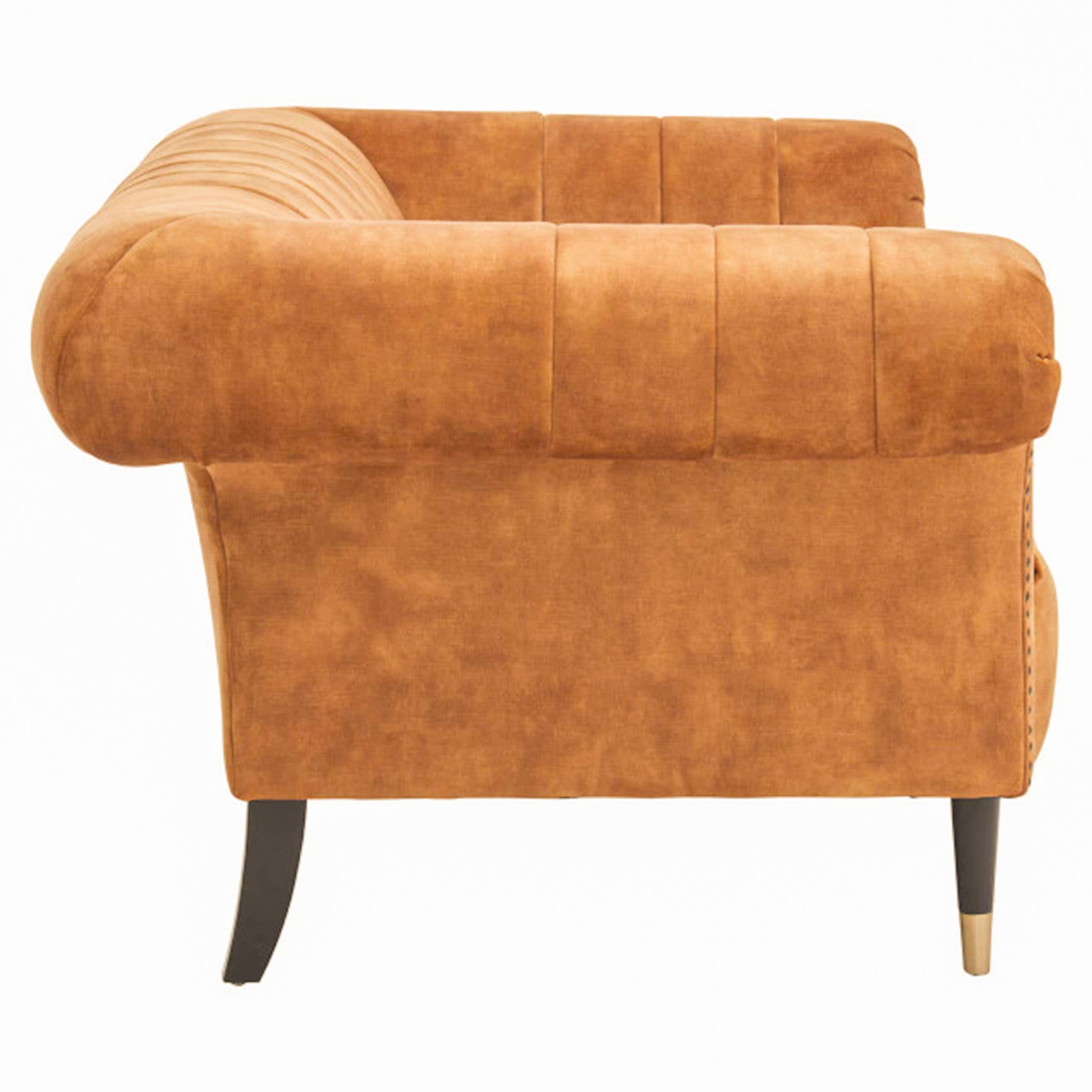 Rear view of the Elara Two Seat Sofa in Gold Velvet Upholstery showcasing the curved upholstered back, rolled arm design, gold velvet finish and tapered wooden legs with brass-effect feet.