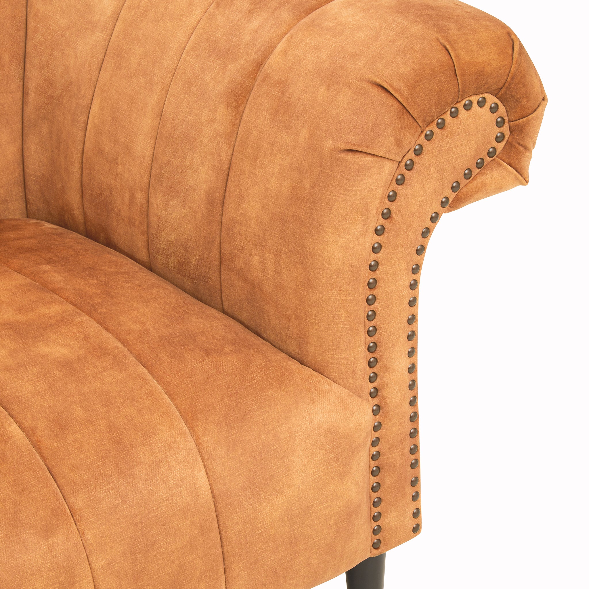 Close-up of the Elara Two Seat Sofa in Gold Velvet Upholstery featuring the rolled scroll arm, bronze nailhead trim, premium velvet upholstery and expertly tailored stitching.