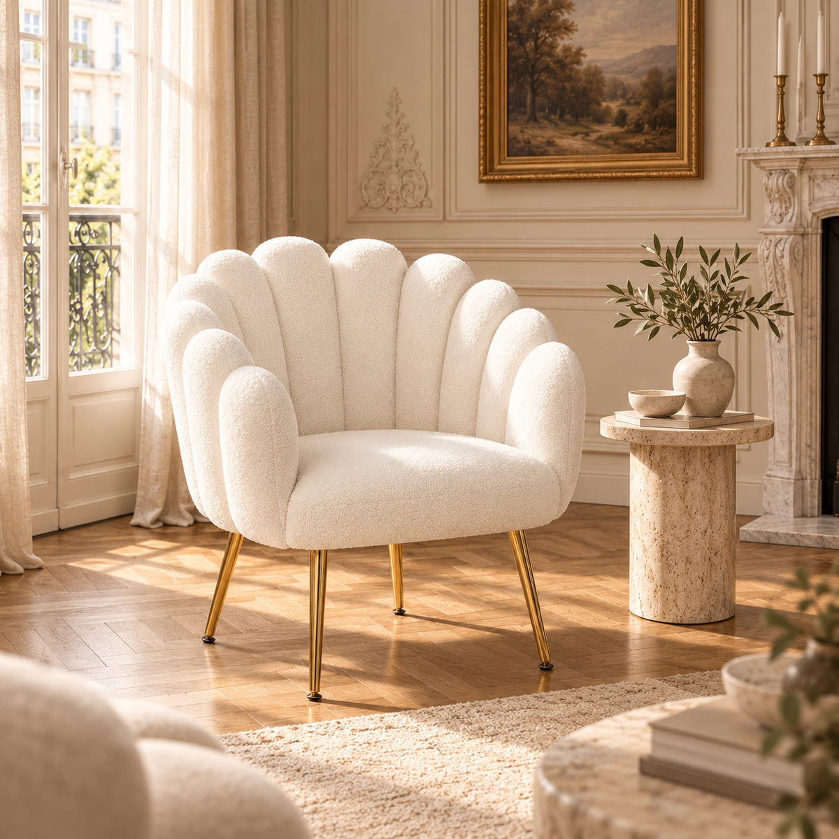 Elara white bouclé dining chair with scalloped back and gold legs in a bright room with fireplace, rug and tall windows.