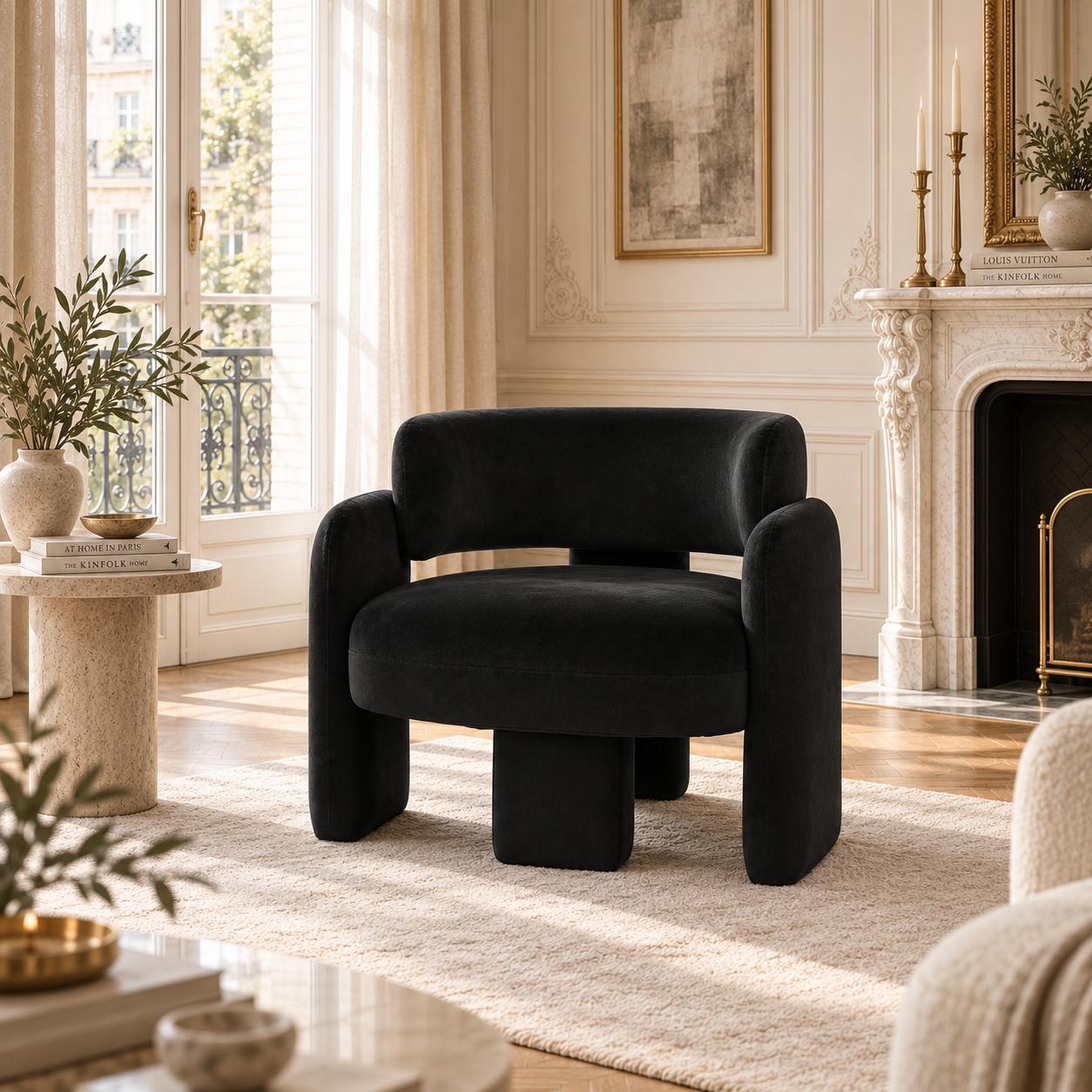 Élise black velvet curved accent chair in an elegant Parisian living room with fireplace, rug and tall windows.