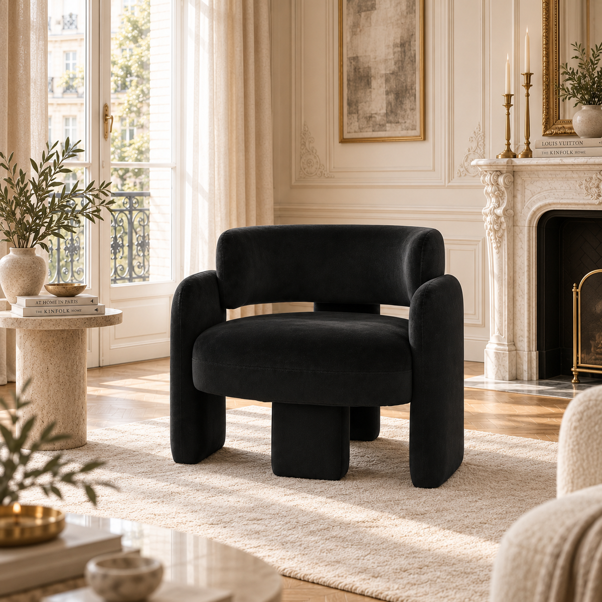 Élise black velvet curved accent chair in an elegant Parisian living room with fireplace, rug and tall windows.