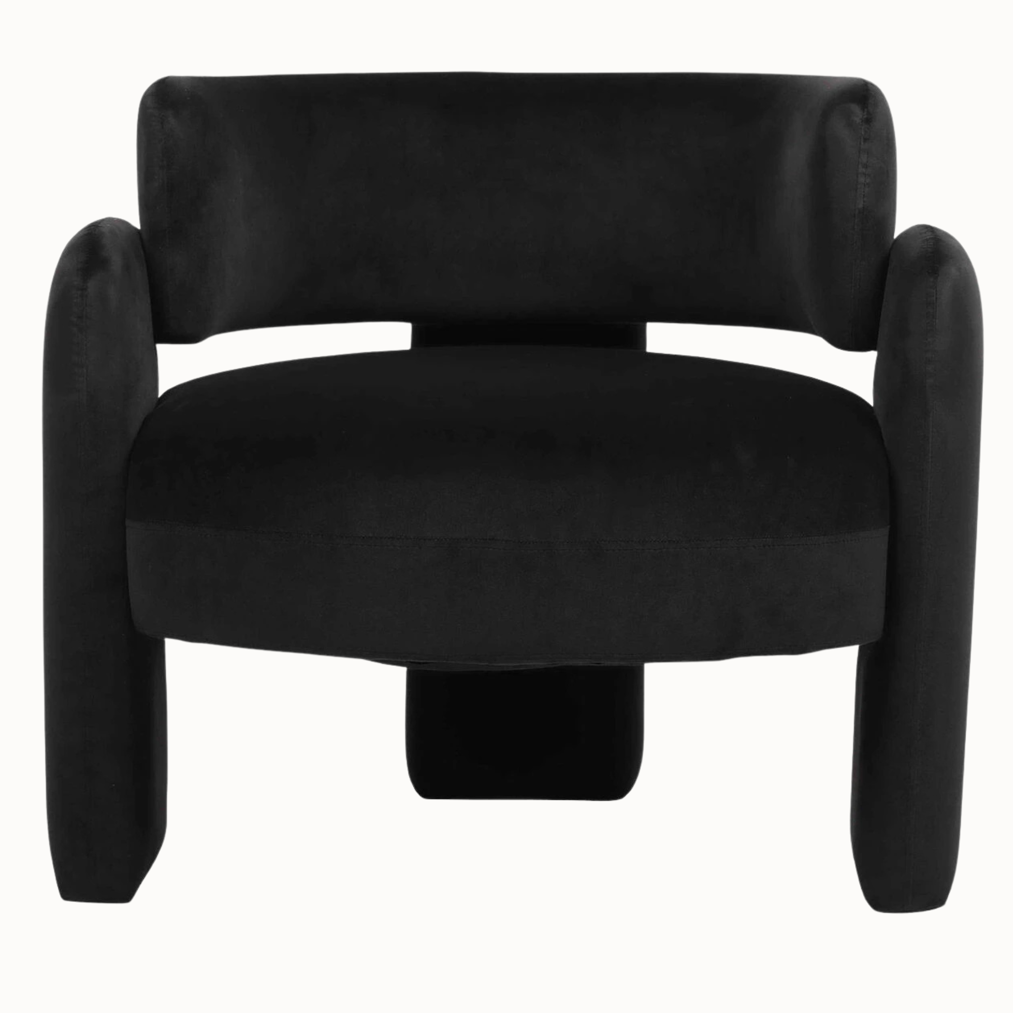 Front view of Élise black velvet curved open back accent chair with sculptural legs on a plain white background.