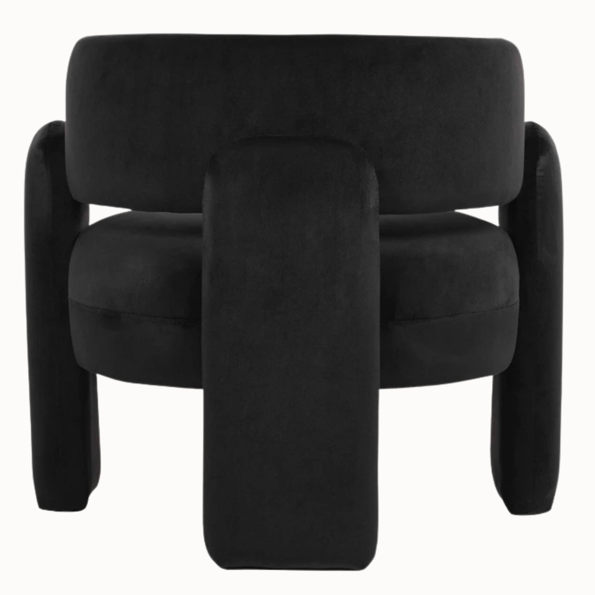Rear view of Élise black velvet accent chair showing its curved open back and legs on a plain white background.