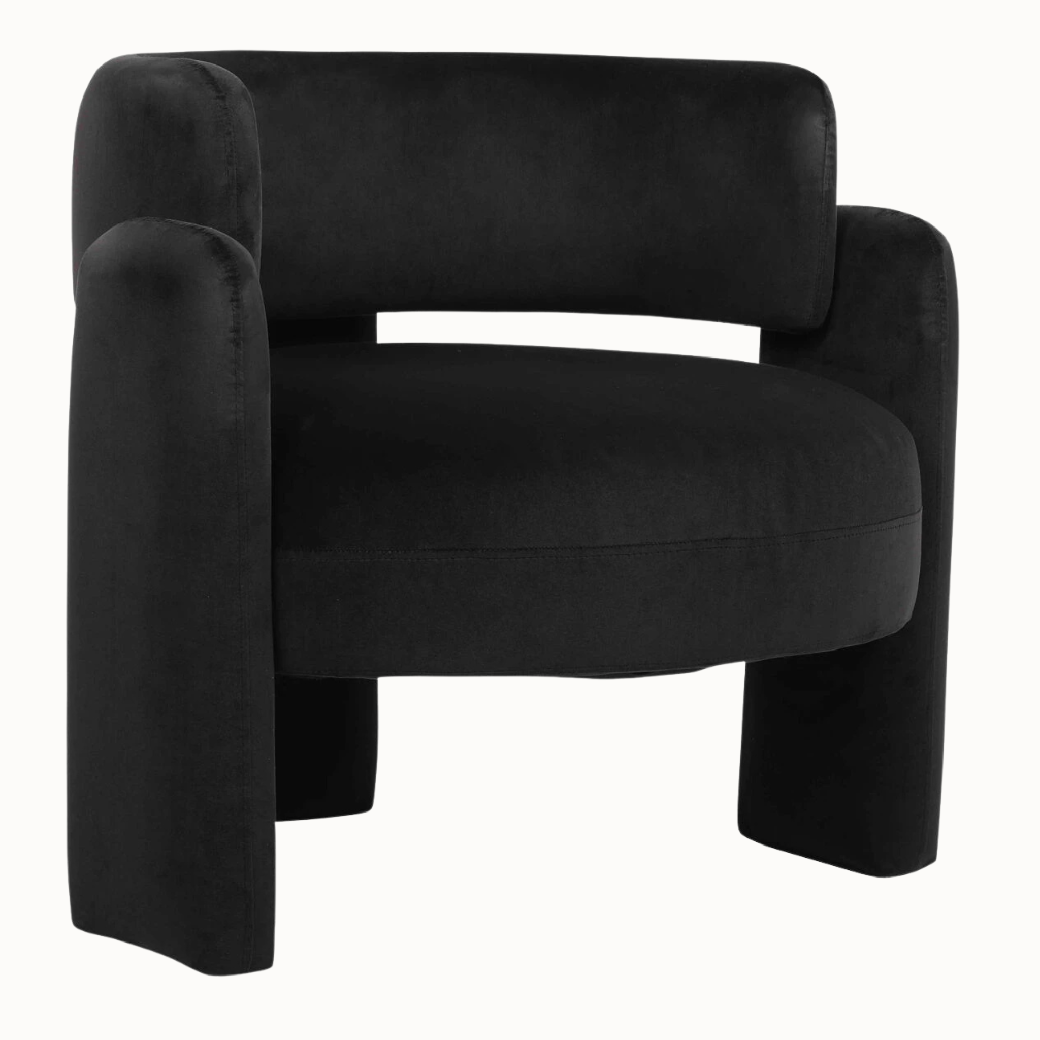 Angled view of Élise black velvet sculptural accent chair with curved arms on a plain white background.