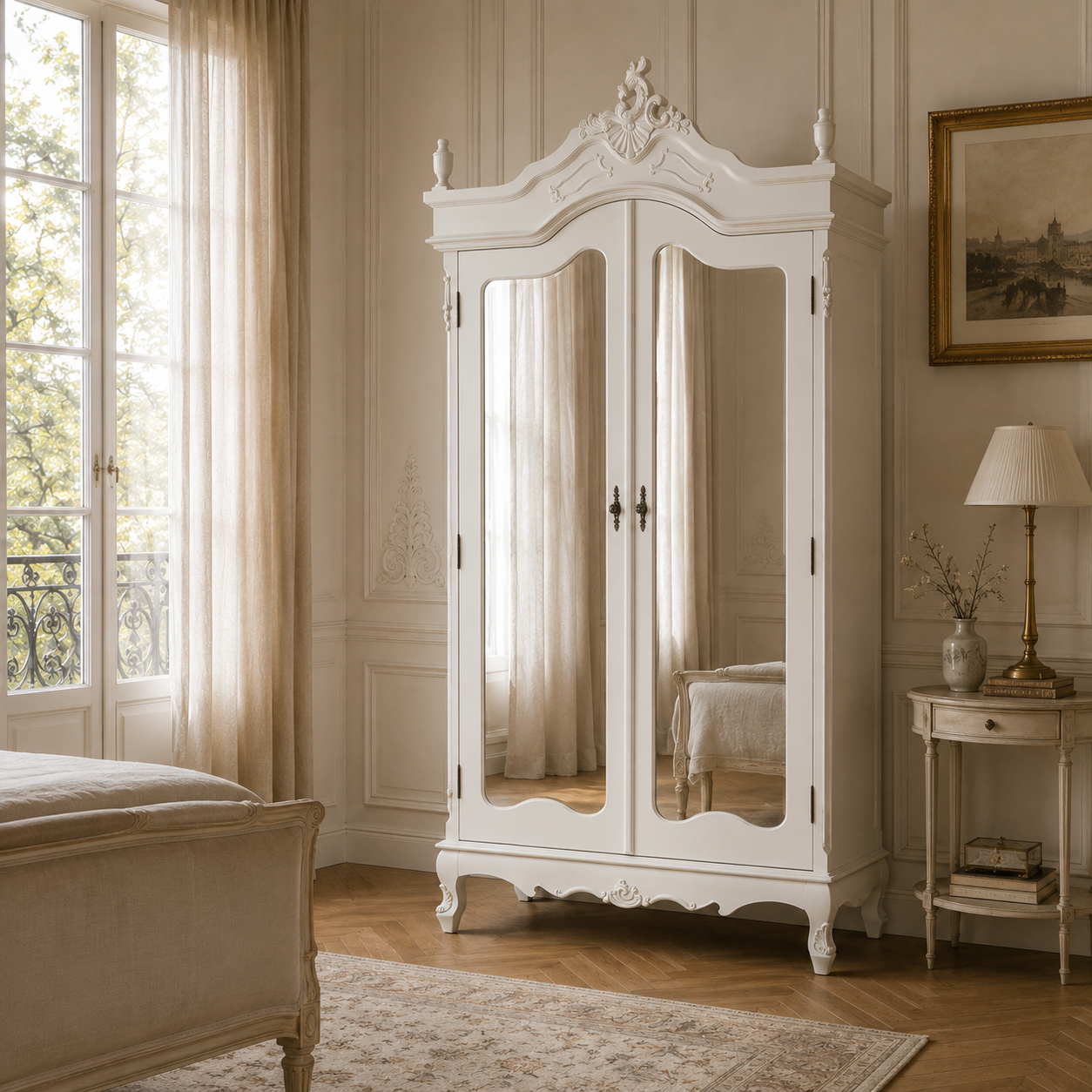 Élodie white mirrored armoire wardrobe in a Parisian bedroom with bed, side table and tall window