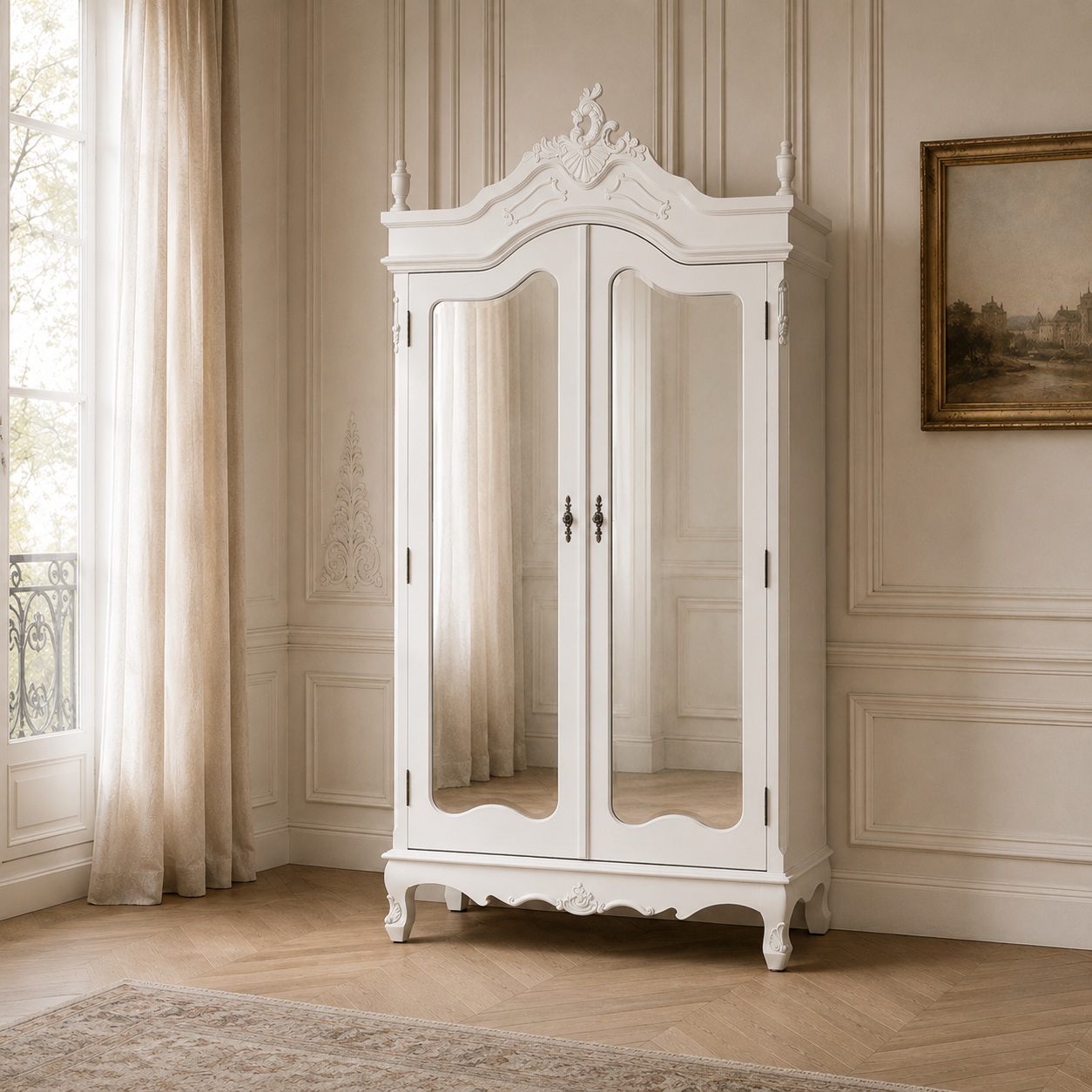 Élodie white mirrored double door armoire in a cream panelled Parisian bedroom with herringbone wood floor