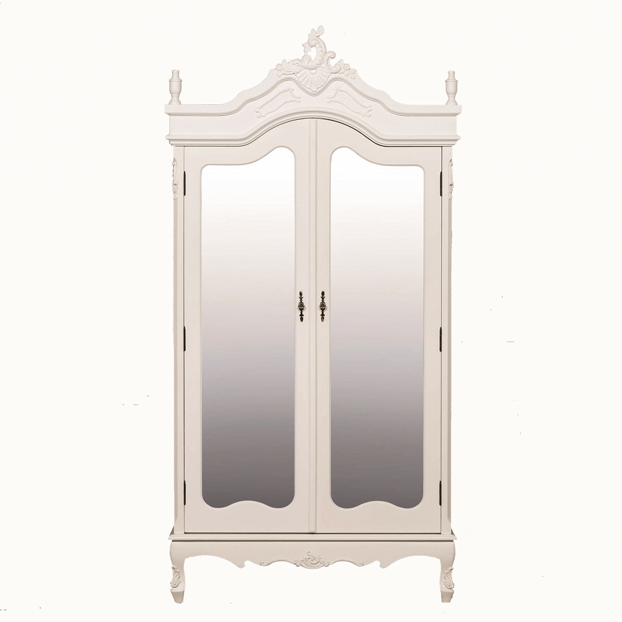 Front view of the Élodie White Mirrored Double Door Armoire Wardrobe with full-length mirrored doors, French-inspired carved detailing, painted white finish and spacious double-door design for elegant bedroom storage on a white background.