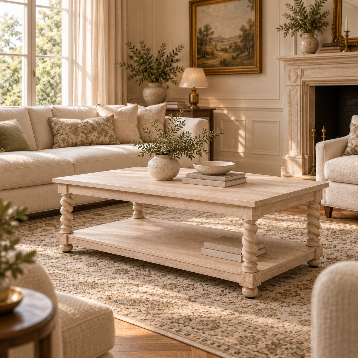 Éloi acacia wood coffee table with carved twirl legs and lower shelf in a bright living room with fireplace, sofas and rug.