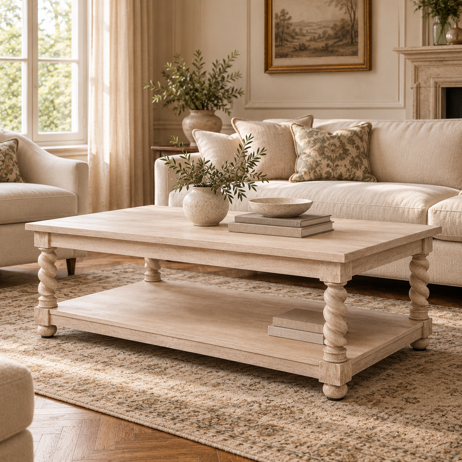 Éloi Sculptural Acacia Wood Coffee Table with Hand-Carved Twirl Legs