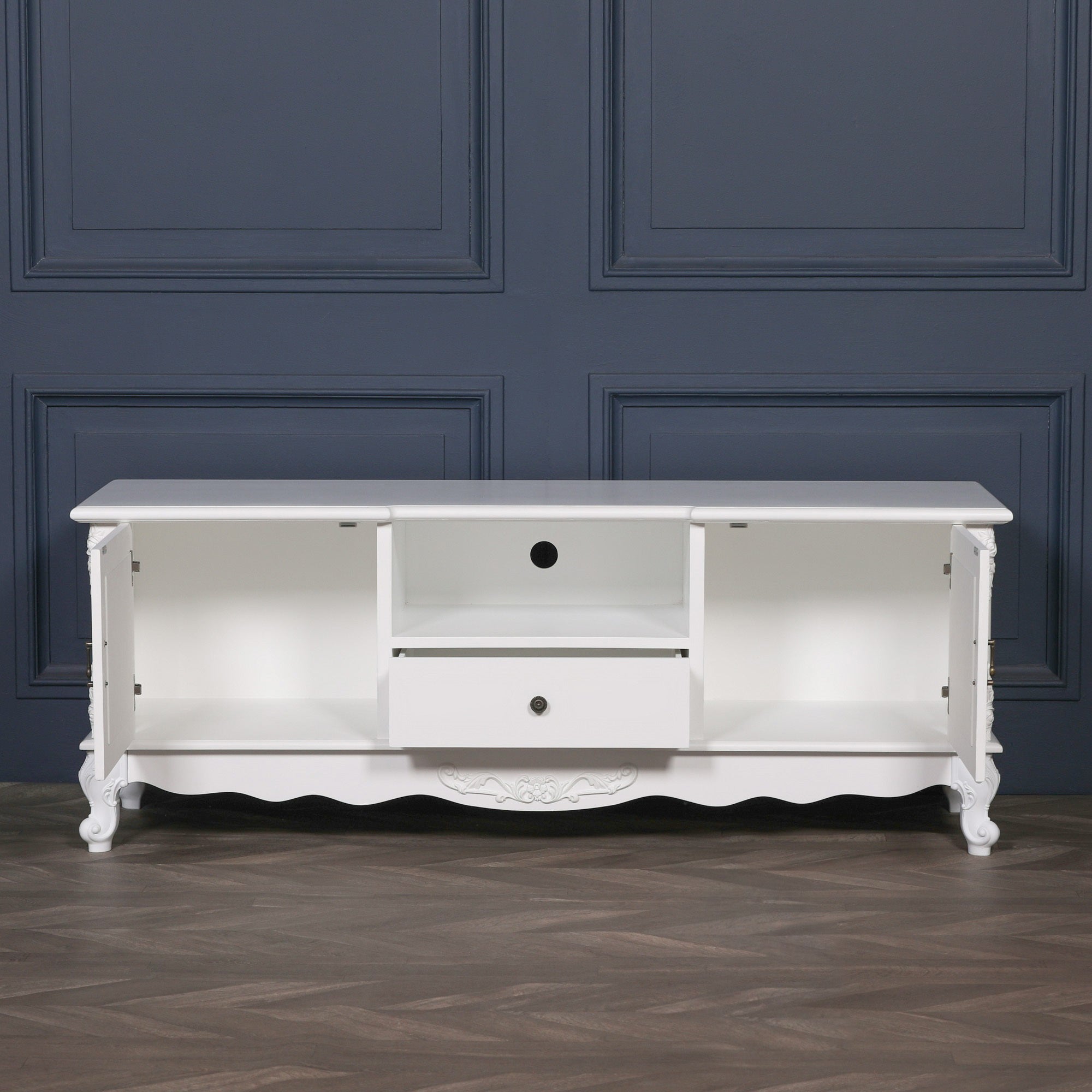 Éloise Large French White TV Cabinet with cupboard doors and drawer open displaying generous internal storage, media shelf, cable management and handcrafted French furniture details.
