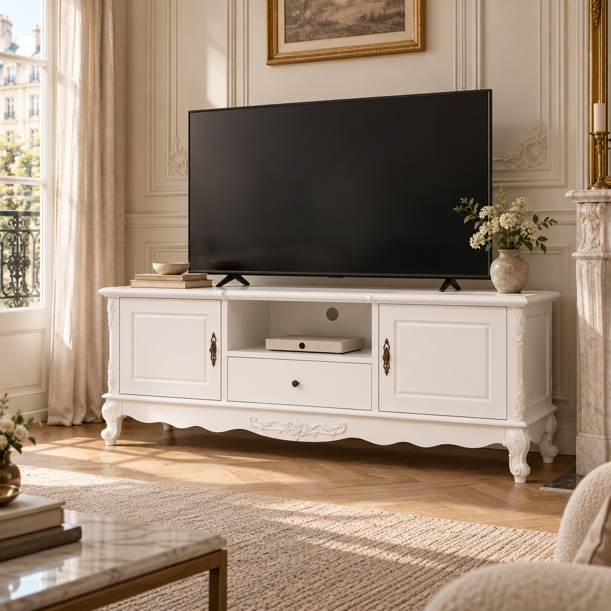 Éloise large French white TV cabinet with hand-carved detailing, styled with a TV in a sunlit classic living room