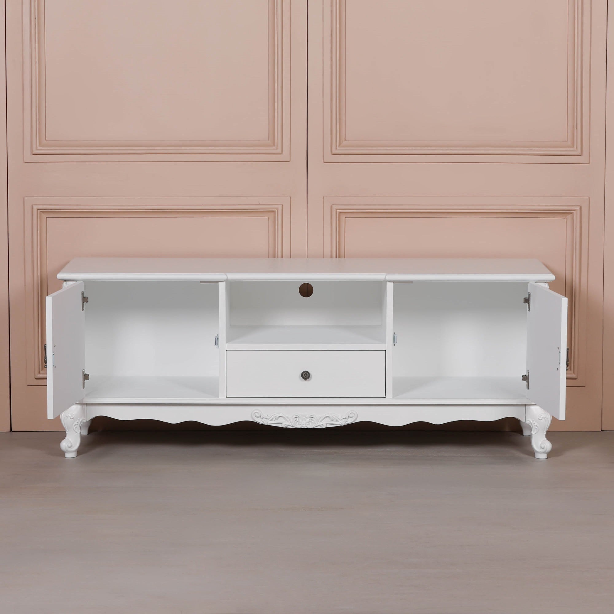 Éloise Large French White TV Cabinet with both cupboard doors open revealing generous media storage, open shelving, central drawer and integrated cable management for living room entertainment systems.
