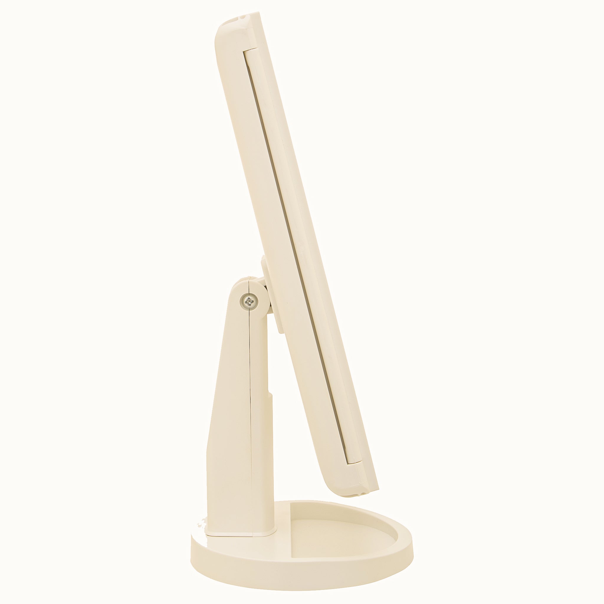 Side profile of the Émile White LED Tri-Fold Vanity Mirror showing its slim mirror housing, adjustable tilting design, hinged support and oval freestanding dressing table base.