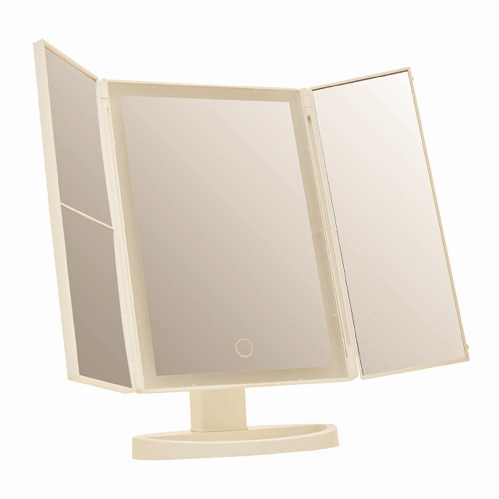 Angled front view of the Émile White LED Tri-Fold Vanity Mirror with both folding side mirrors open, illuminated centre mirror, touch control and freestanding tabletop stand.