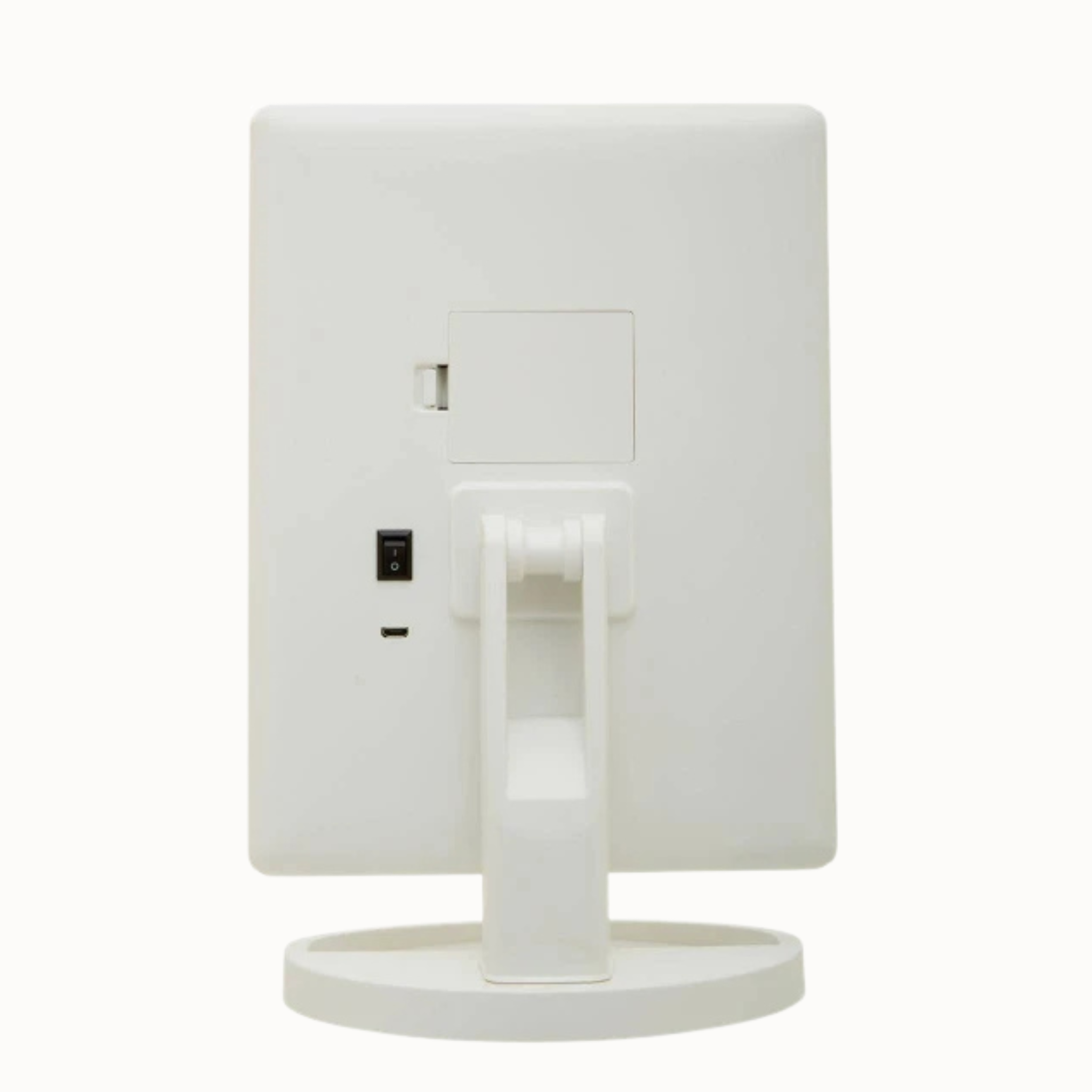 Back view of Émile white LED tri-fold vanity mirror with stand, switch and charging port on a white background.