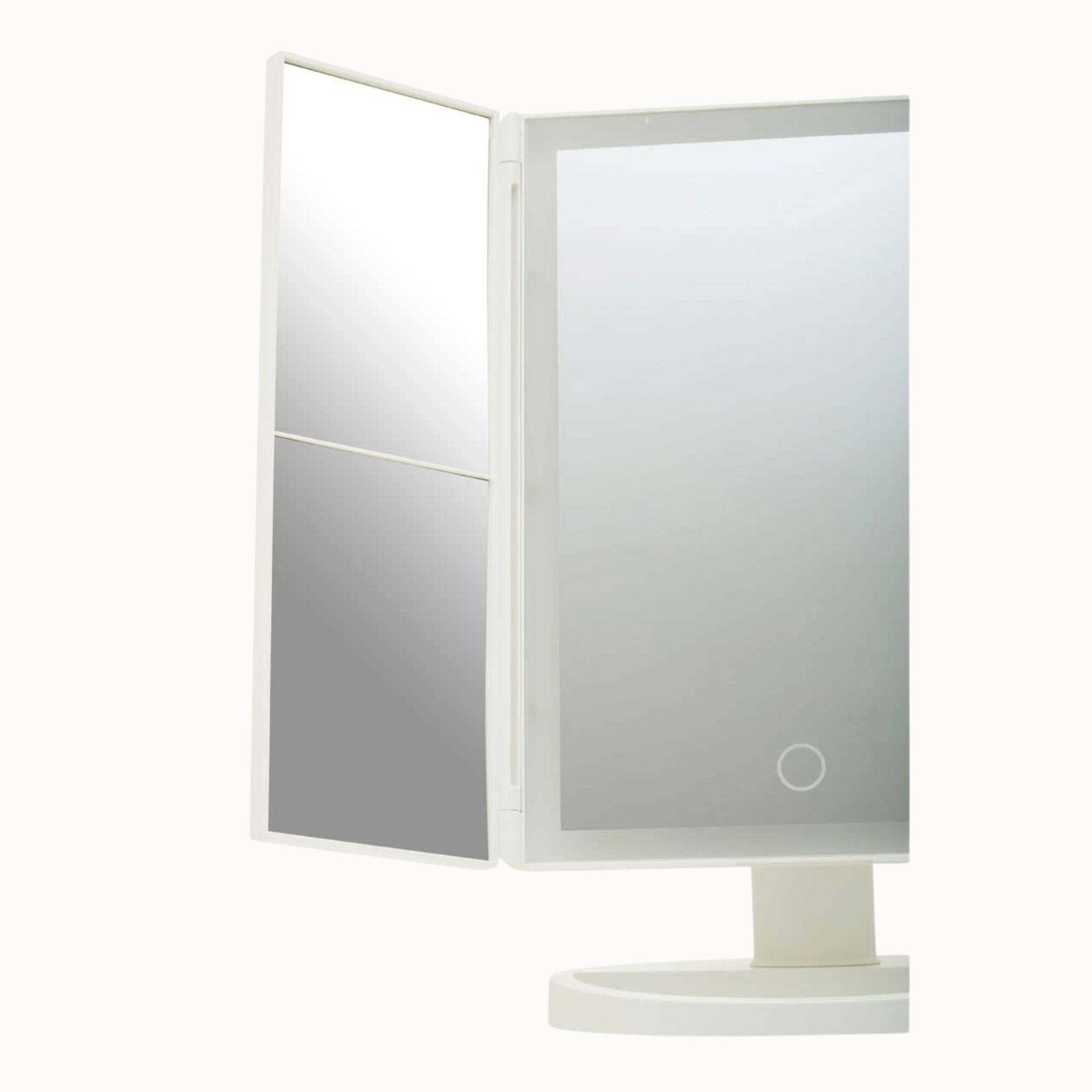 Émile white LED tri-fold vanity mirror with left folding panel open and touch control on a plain white background.
