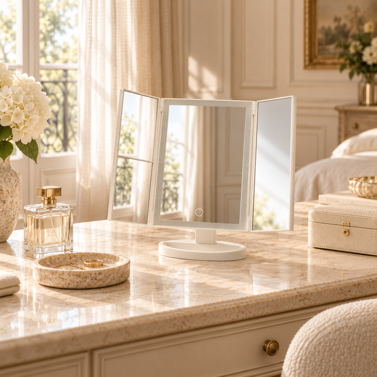 Émile white LED tri-fold vanity mirror styled on a marble vanity with perfume, jewellery tray and sunlit bedroom decor.