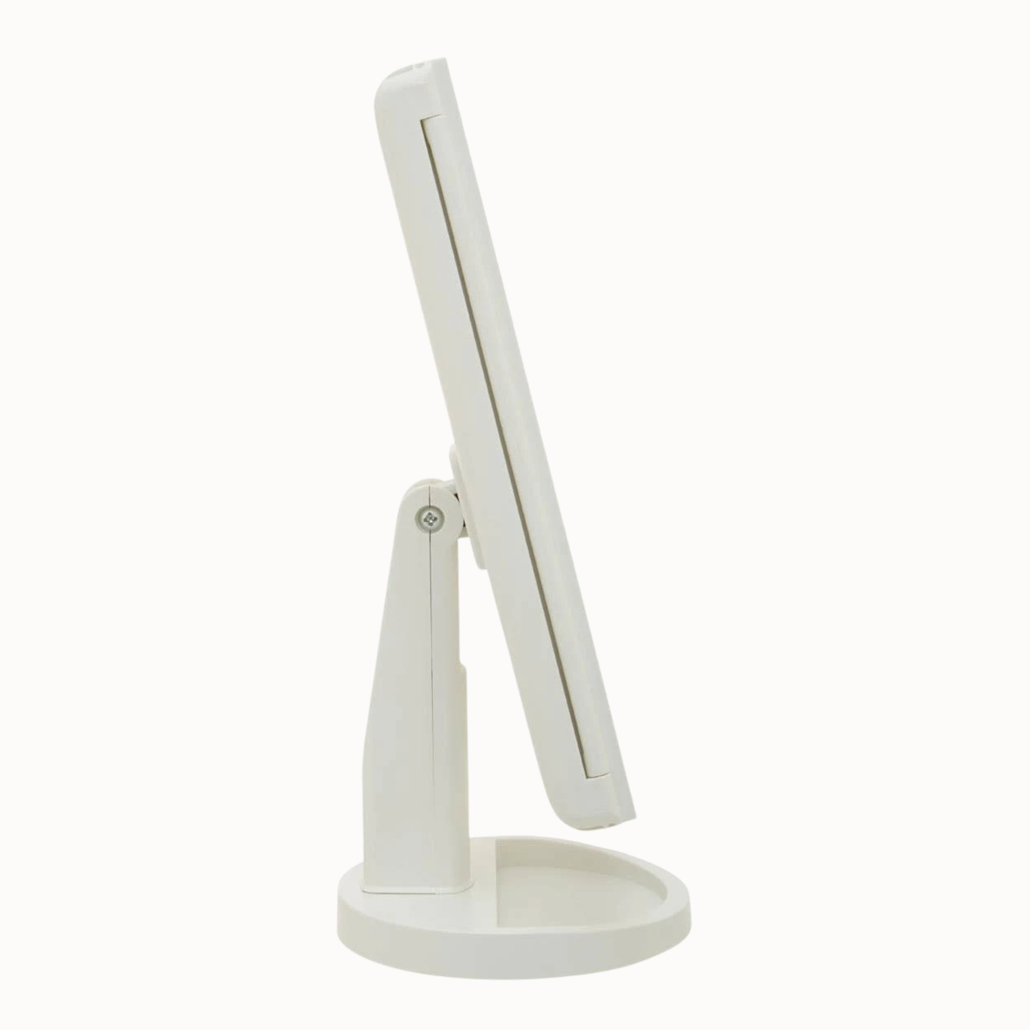 Side profile of Émile white LED vanity mirror showing adjustable tilt and round base on a plain white background.