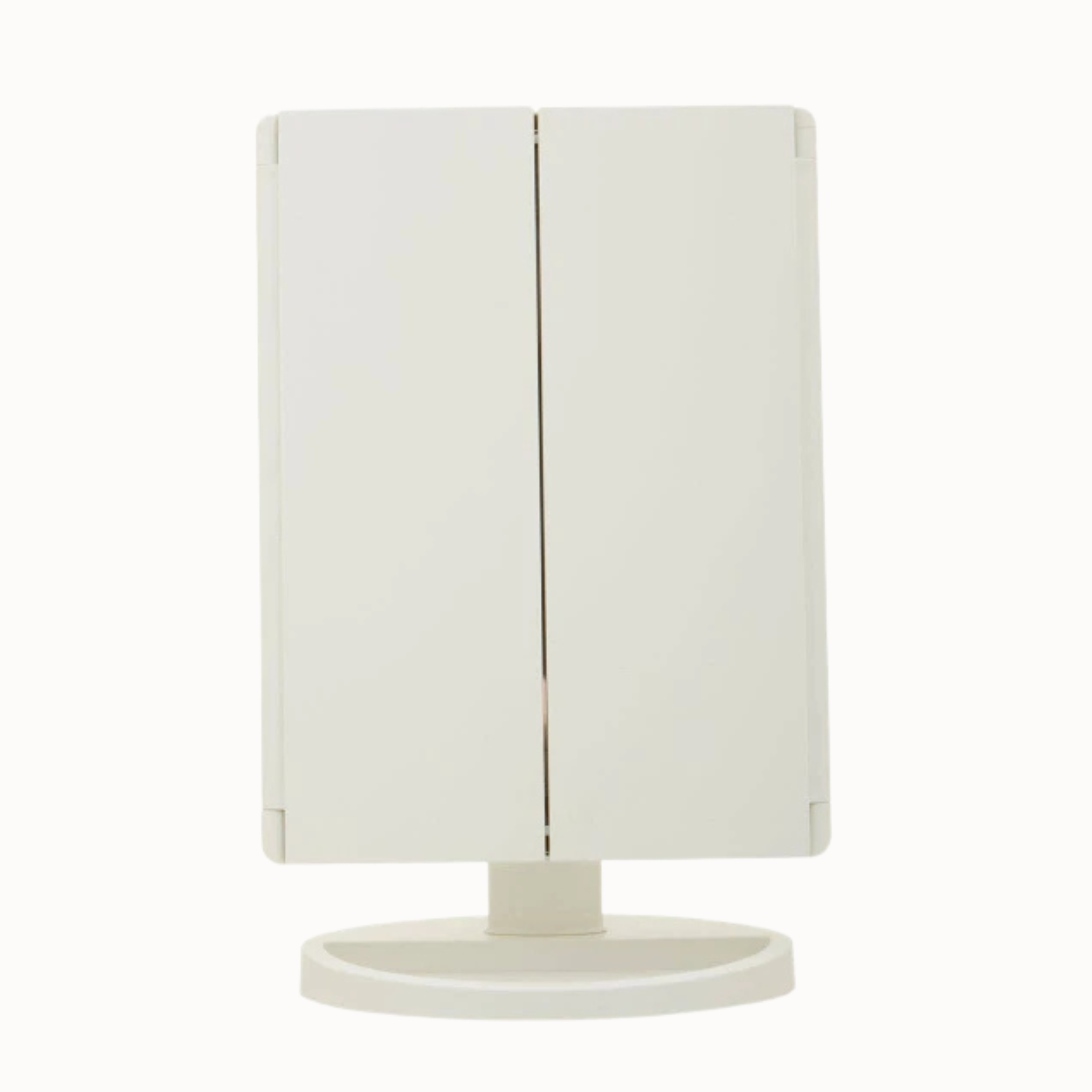 Rear view of Émile white tri-fold vanity mirror with folding panels and round base on a plain white background.