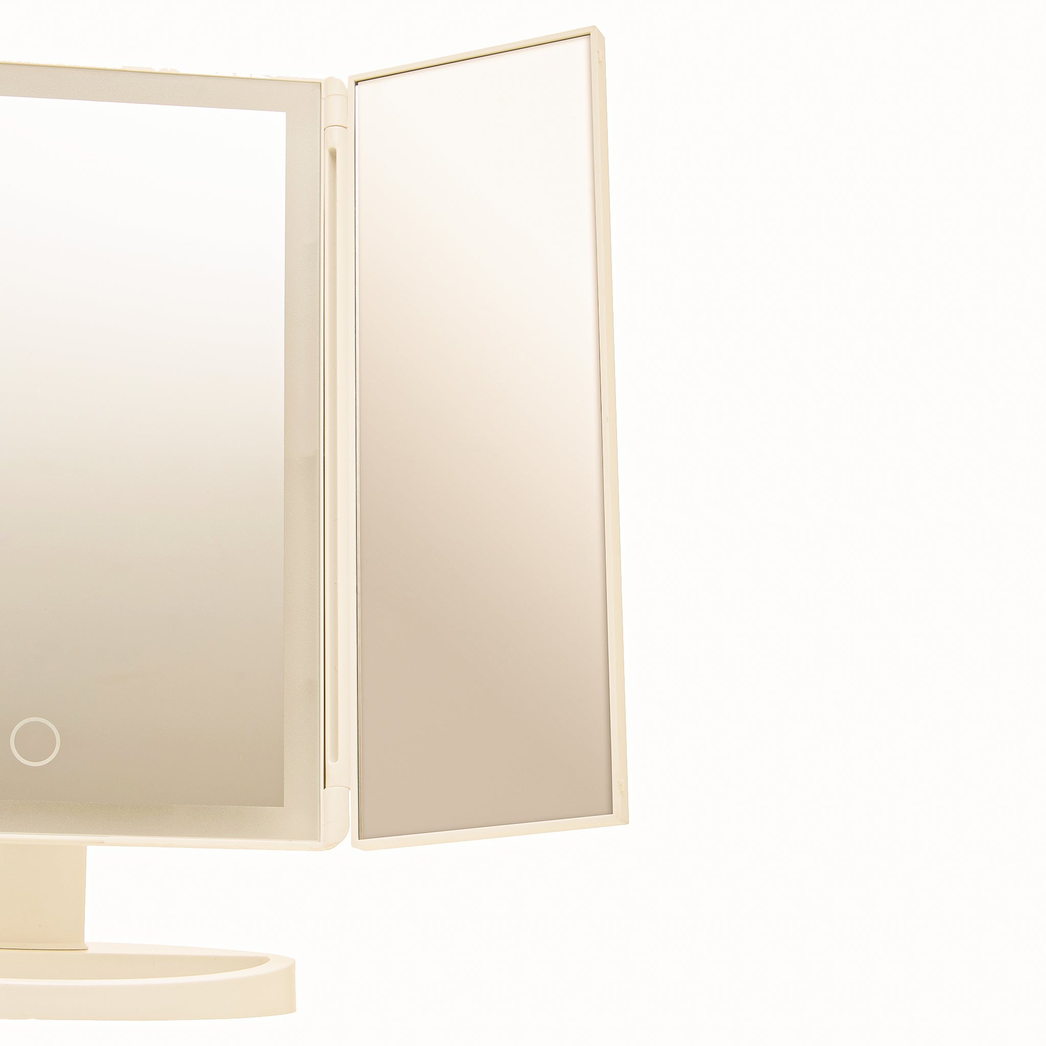 Close-up of the Émile white folding vanity mirror showing the hinged tri-fold side mirror panel and illuminated central LED makeup mirror on its freestanding tabletop base.