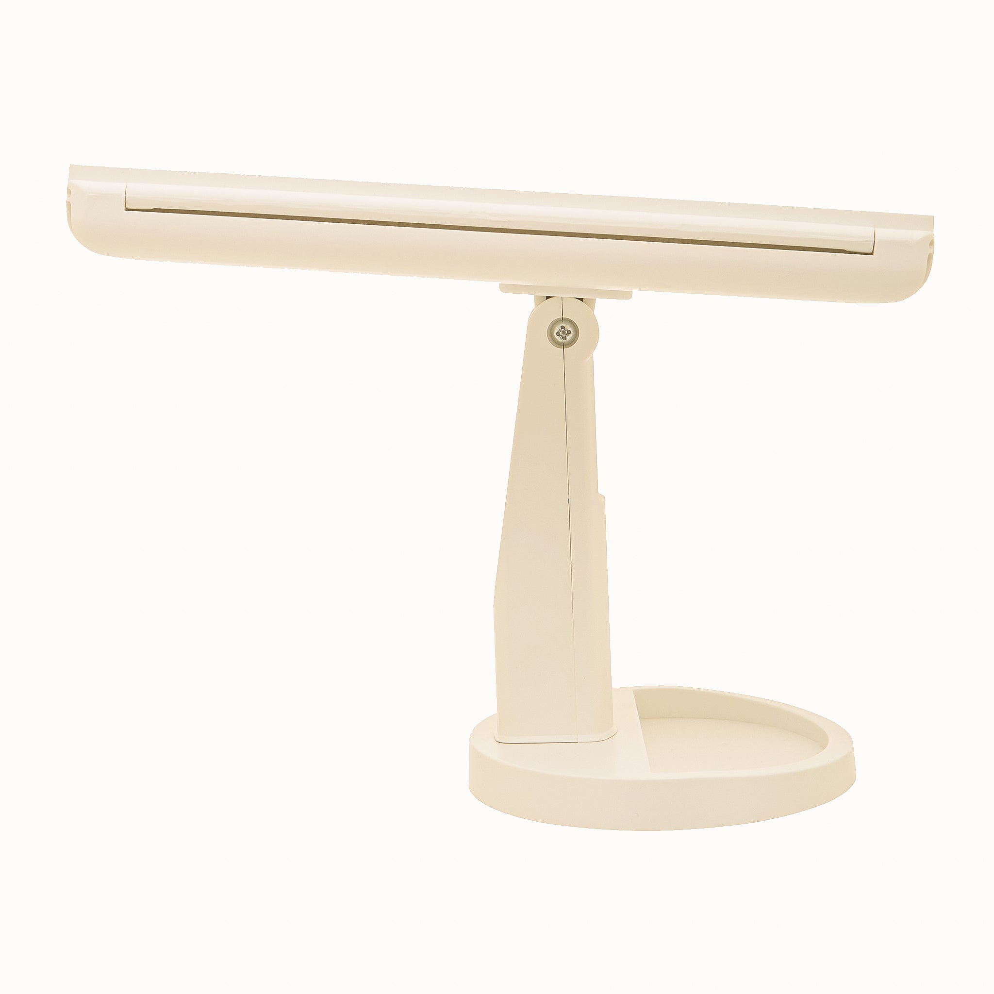 Émile white LED makeup mirror shown tilted on its adjustable tabletop stand, highlighting the slim mirror profile, pivoting support and oval vanity base.