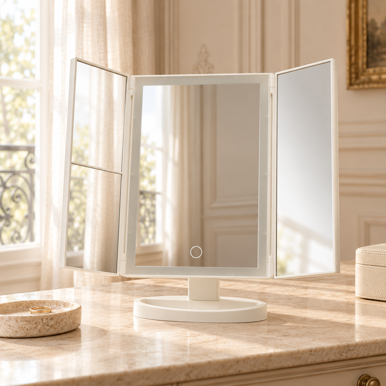 Émile white LED tri-fold vanity mirror on a marble dressing table in a softly lit cream bedroom with curtains.