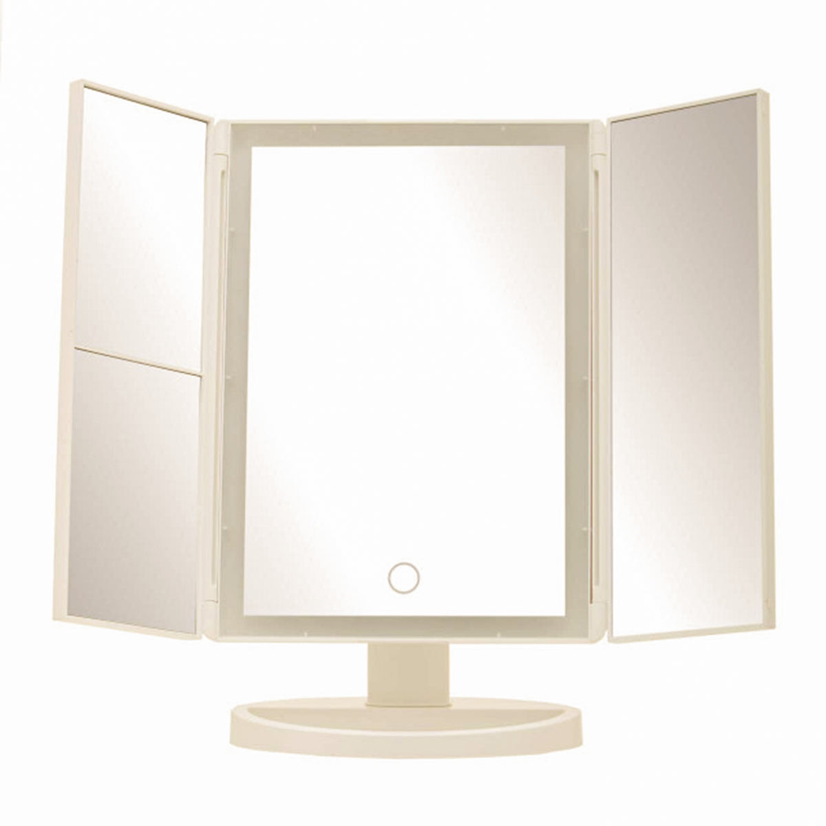 Émile White LED Tri-Fold Vanity Mirror shown open from the front, featuring a large illuminated centre mirror, two folding side mirrors, touch control and freestanding tabletop base for a dressing table or vanity.