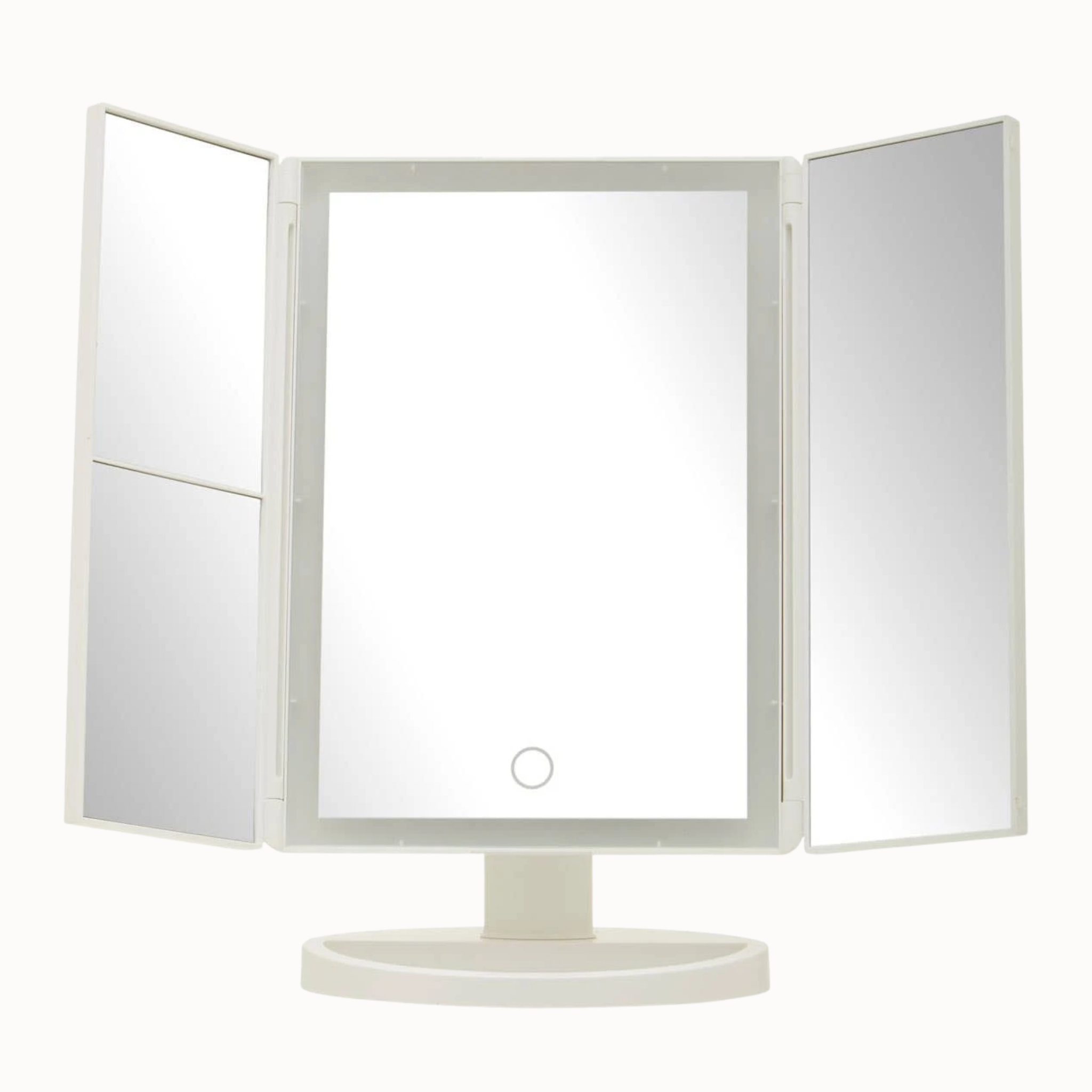 Émile white LED tri-fold vanity mirror open with three panels and touch control on a plain white background.