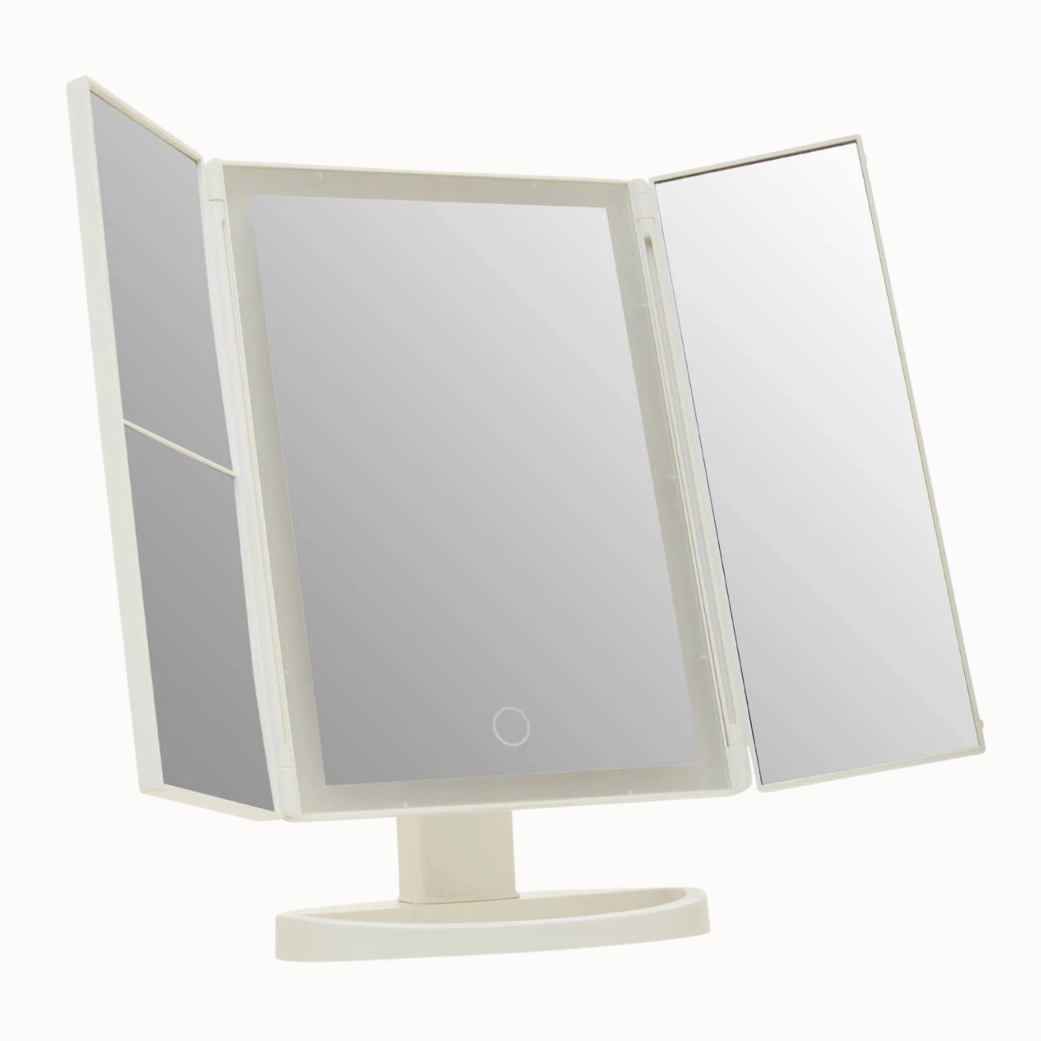 Émile white LED tri-fold vanity mirror open at an angle with three mirrored panels on a plain white background.