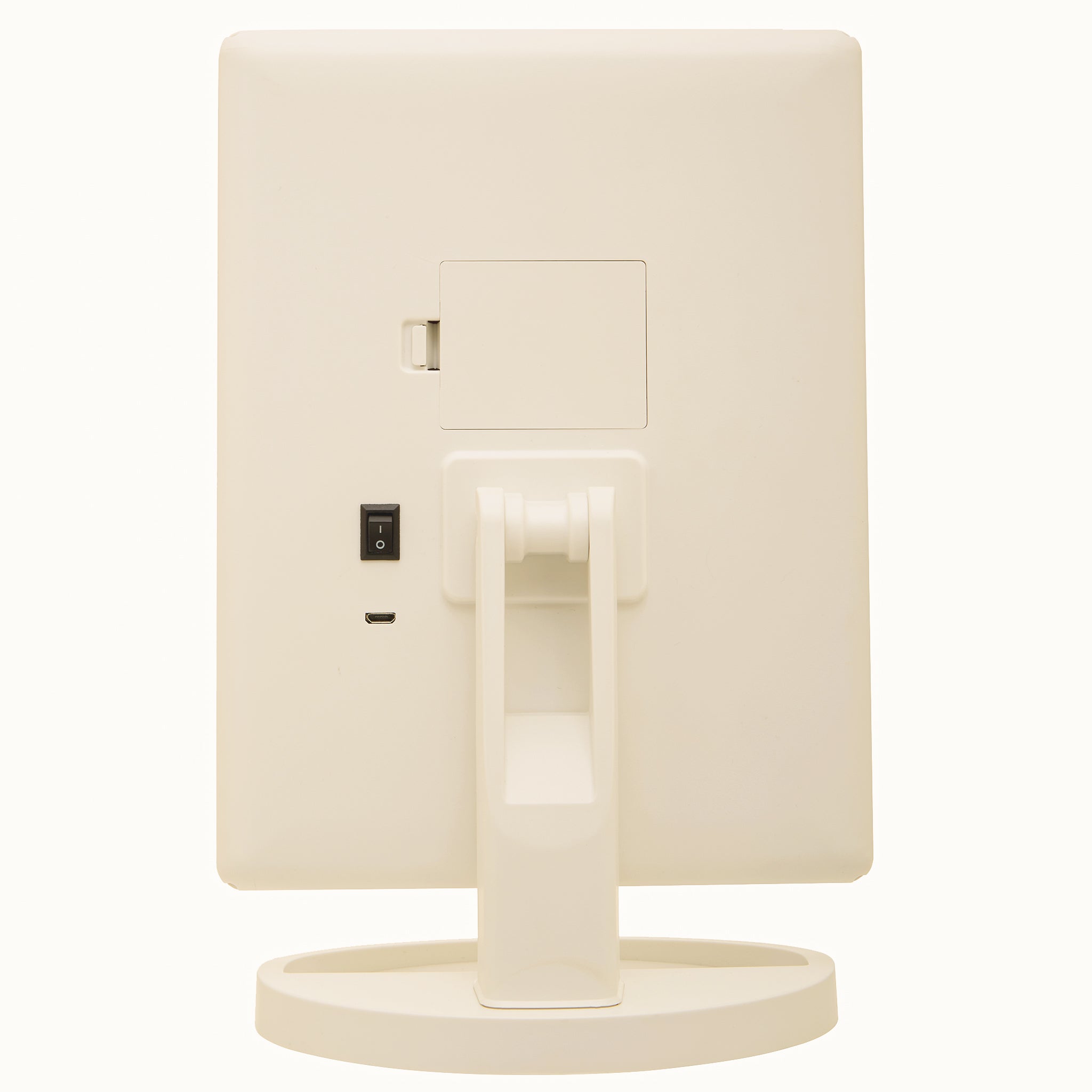 Rear view of the Émile White LED Tri-Fold Vanity Mirror showing its white tabletop stand, oval base, rear battery compartment, power switch and charging port.