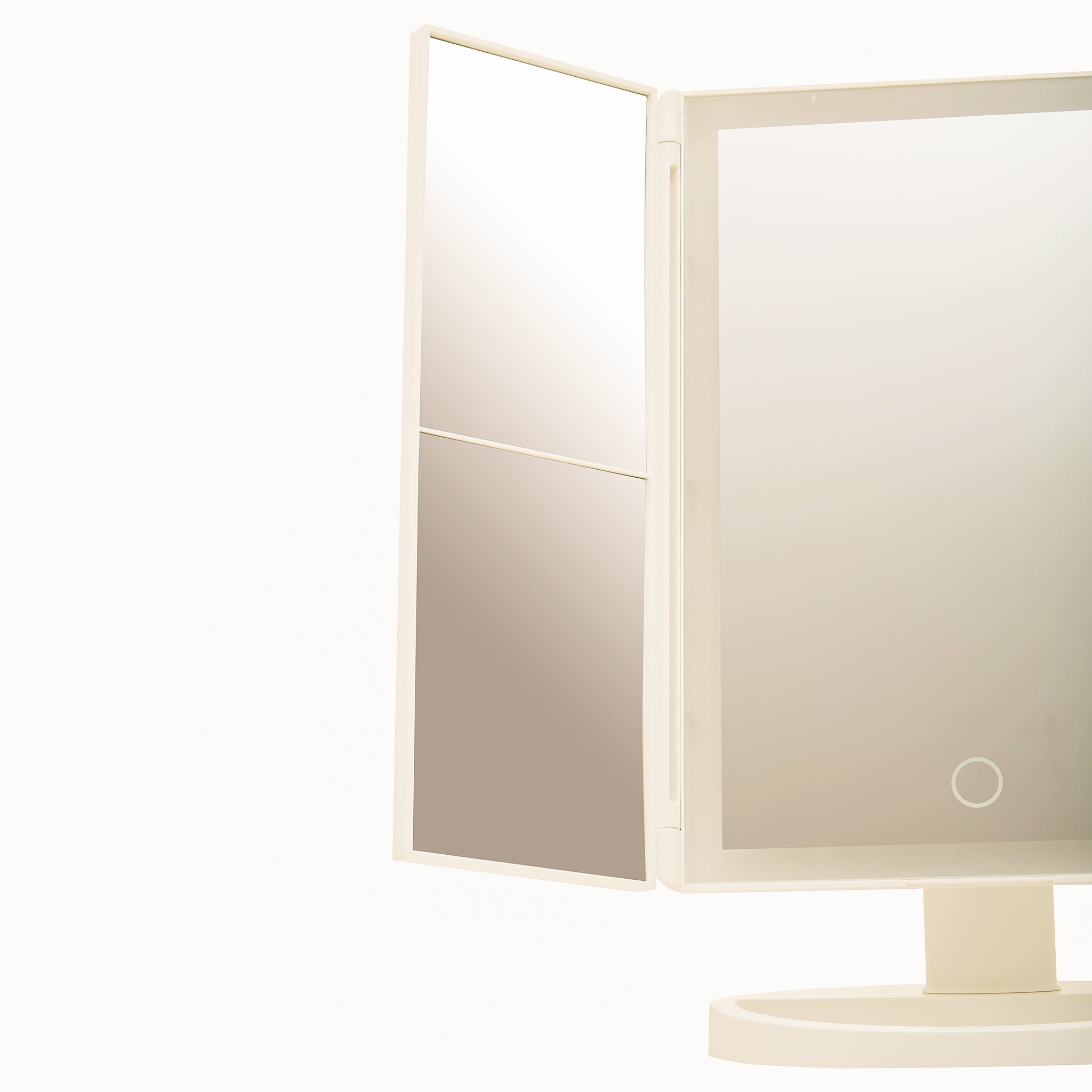 Close-up of the Émile White LED Vanity Mirror with one tri-fold side panel open, showing the illuminated central mirror, folding side mirror and circular touch control.