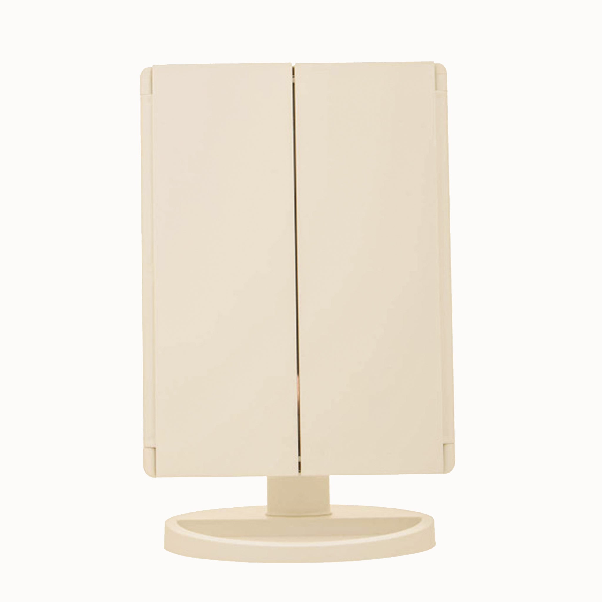 Émile White LED Tri-Fold Vanity Mirror shown fully closed, with folding side panels protecting the mirror and a compact white freestanding base designed for dressing tables and vanity spaces.