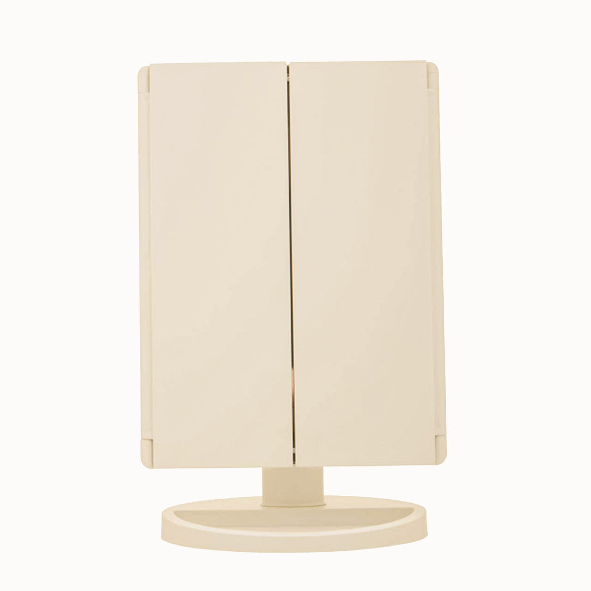 Émile White LED Tri-Fold Vanity Mirror shown fully closed, with folding side panels protecting the mirror and a compact white freestanding base designed for dressing tables and vanity spaces.