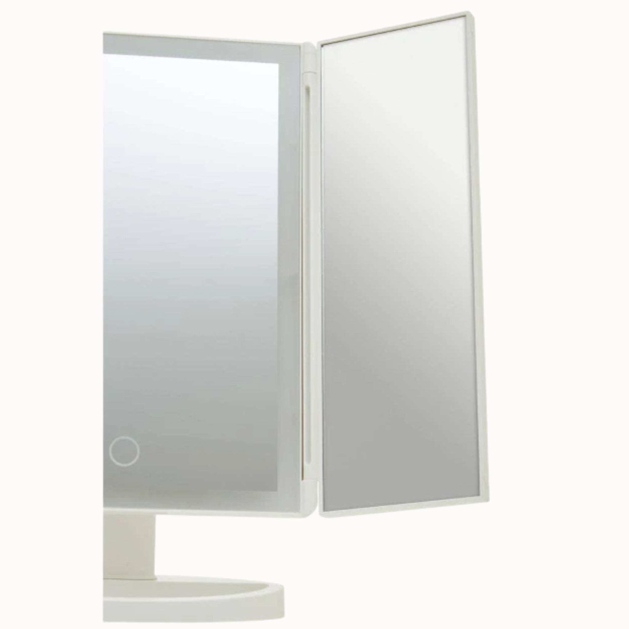 Émile white tri-fold vanity mirror partly folded, showing mirrored panels and round base on a plain white background.