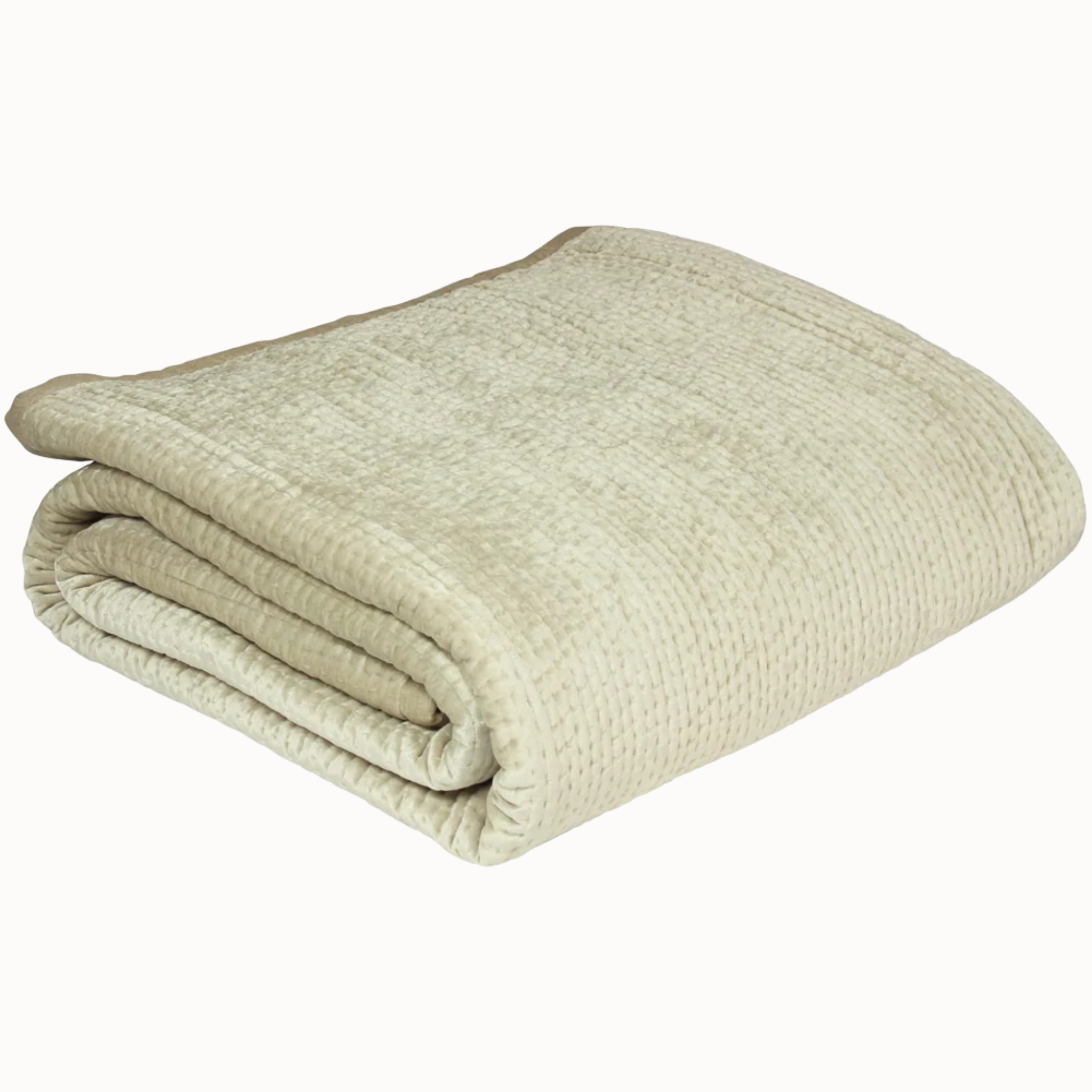 Folded Émilie champagne quilted bedspread with textured stitching and linen border on a clean white background.