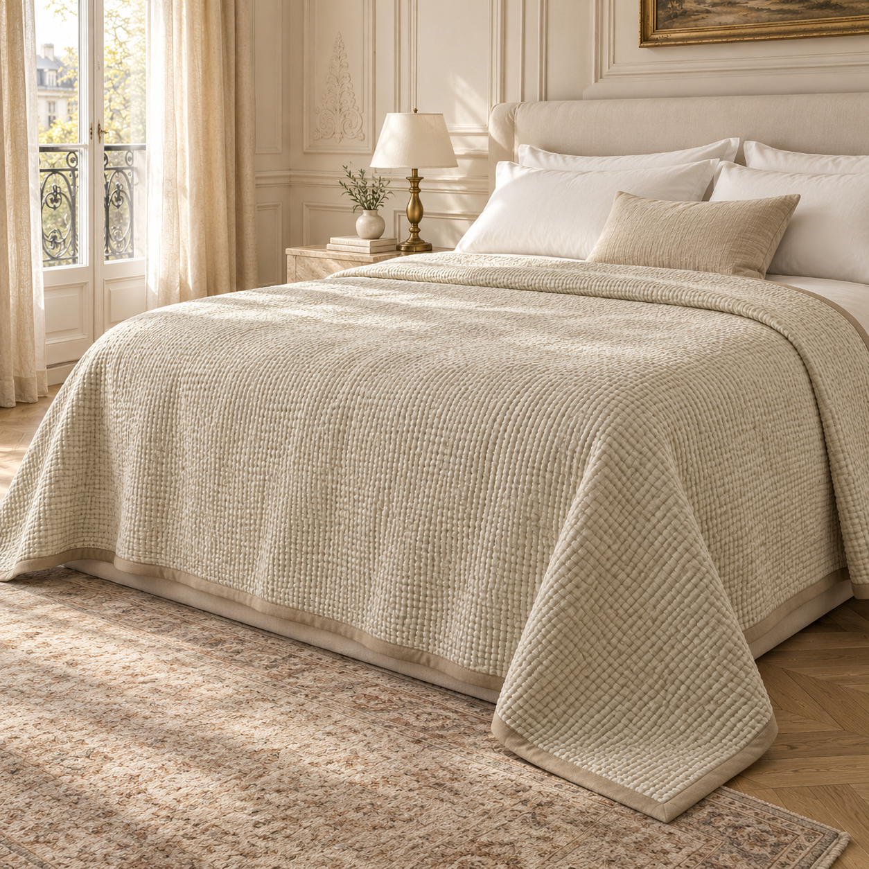 Émilie champagne quilted bedspread with linen border styled on a cream bed in a sunlit Parisian bedroom.