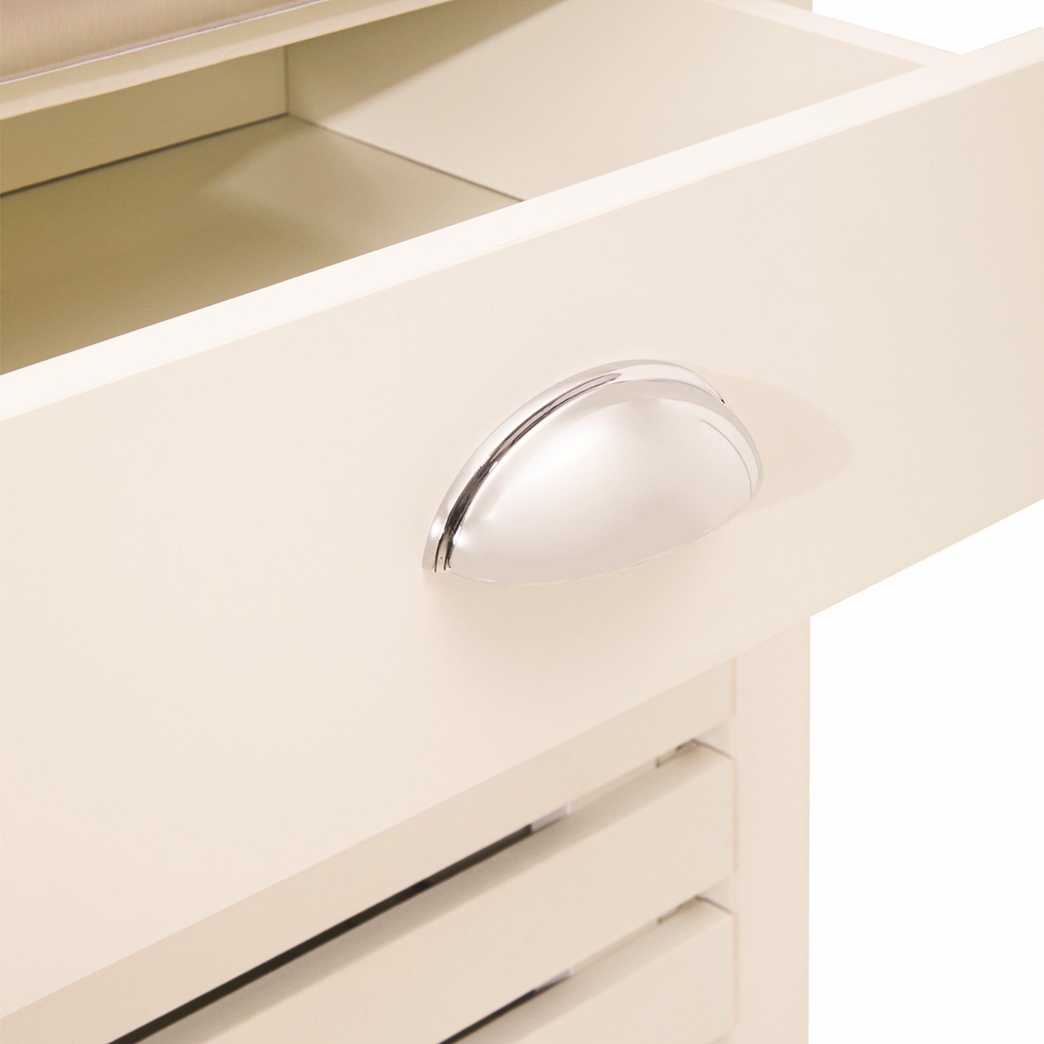 Detailed close-up of the Étienne Cream Kitchen Trolley drawer with polished metal cup handle, showing the cream painted finish and convenient drawer storage beneath the stainless steel worktop.