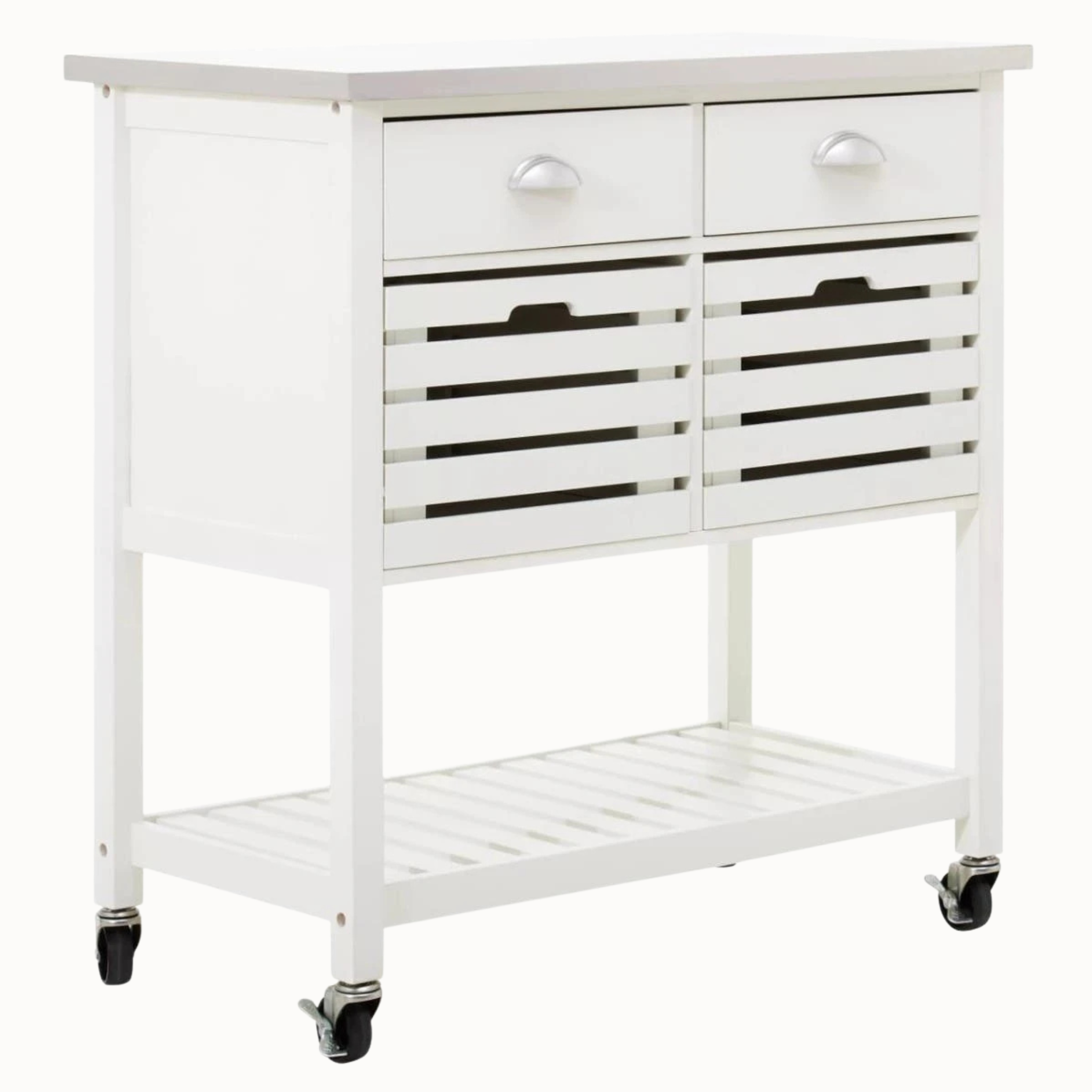 Étienne cream kitchen trolley with two drawers, slatted baskets and lower shelf on a white background.