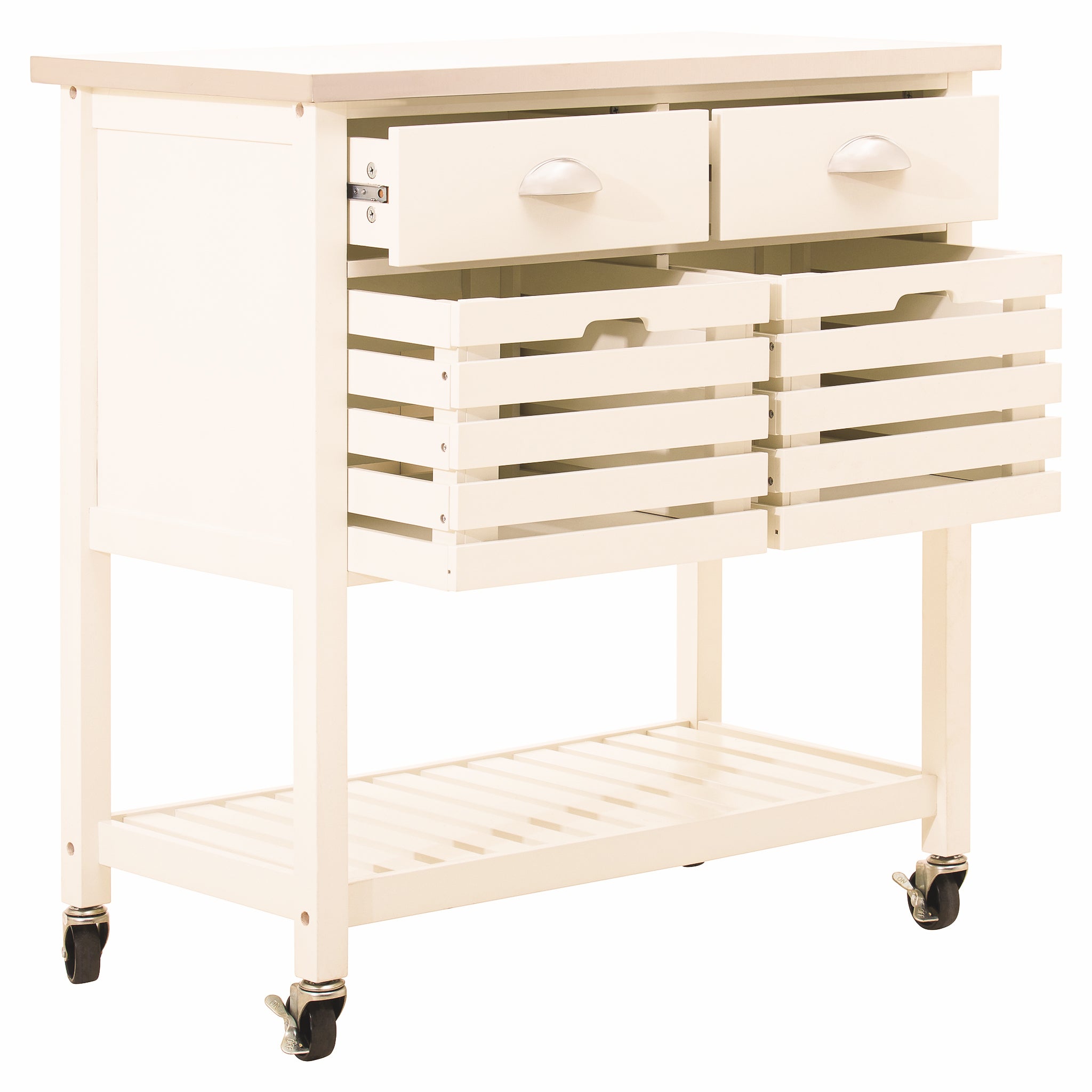 Étienne Cream Kitchen Trolley shown with its two slatted storage baskets pulled out, highlighting the twin drawers, stainless steel worktop, lower shelf and wheeled design for flexible kitchen storage.