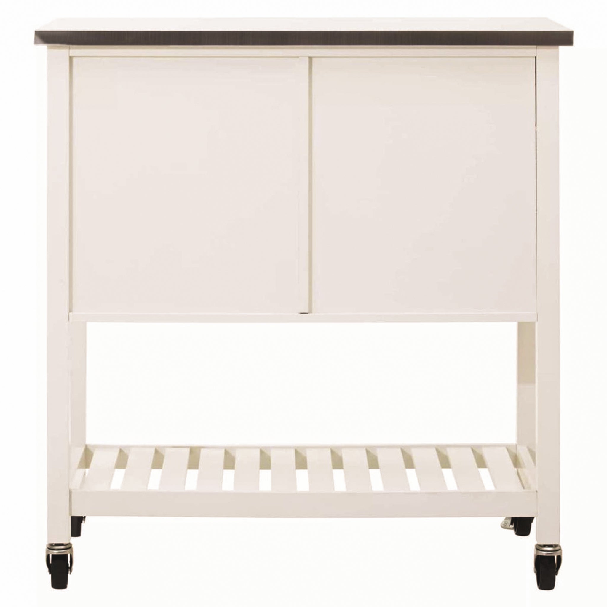 Rear view of the Étienne Cream Kitchen Trolley showing the stainless steel top, cream frame, enclosed rear storage section, open slatted lower shelf and castor wheels for easy movement around the kitchen.