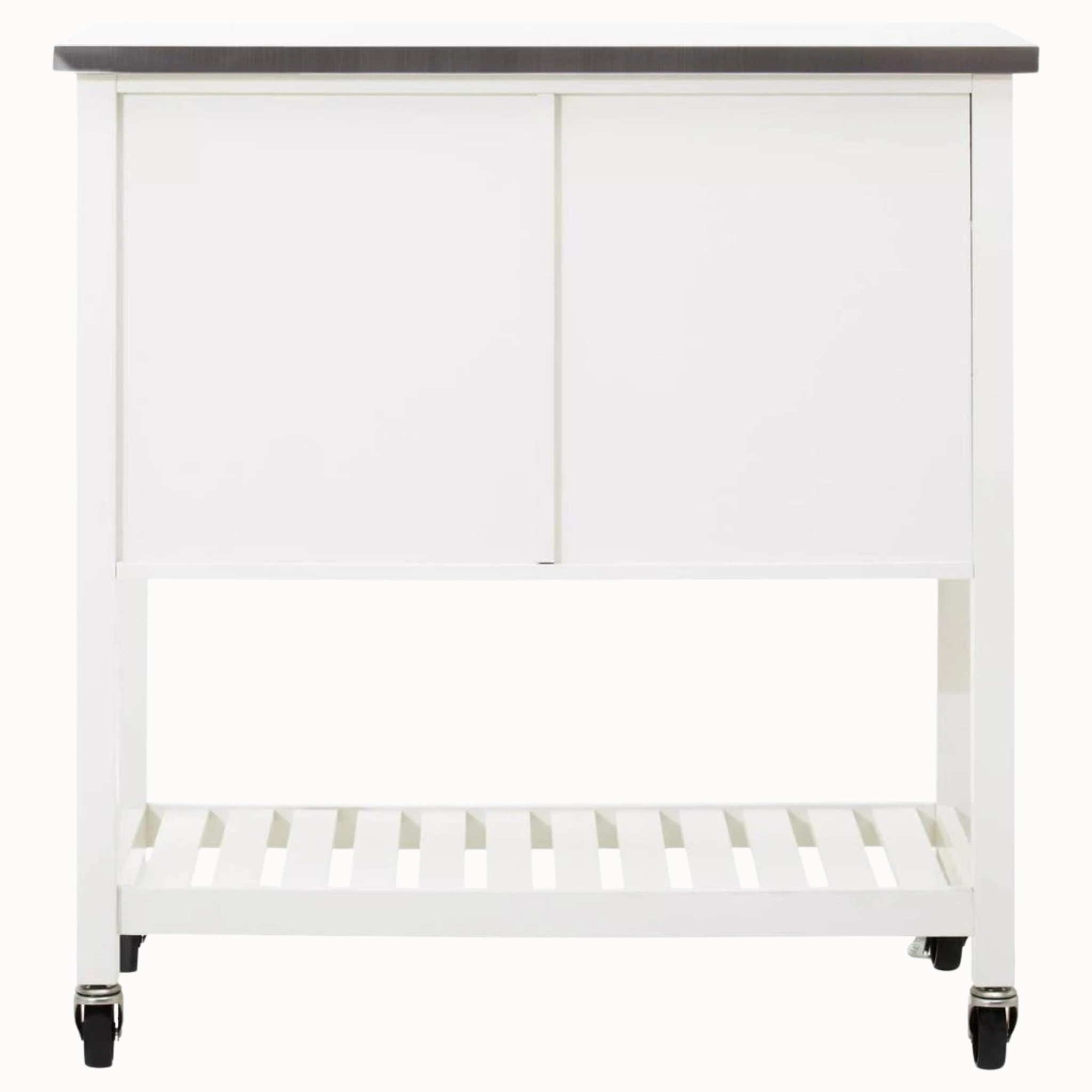Rear view of Étienne cream kitchen trolley with stainless steel top, lower slatted shelf and caster wheels on white.