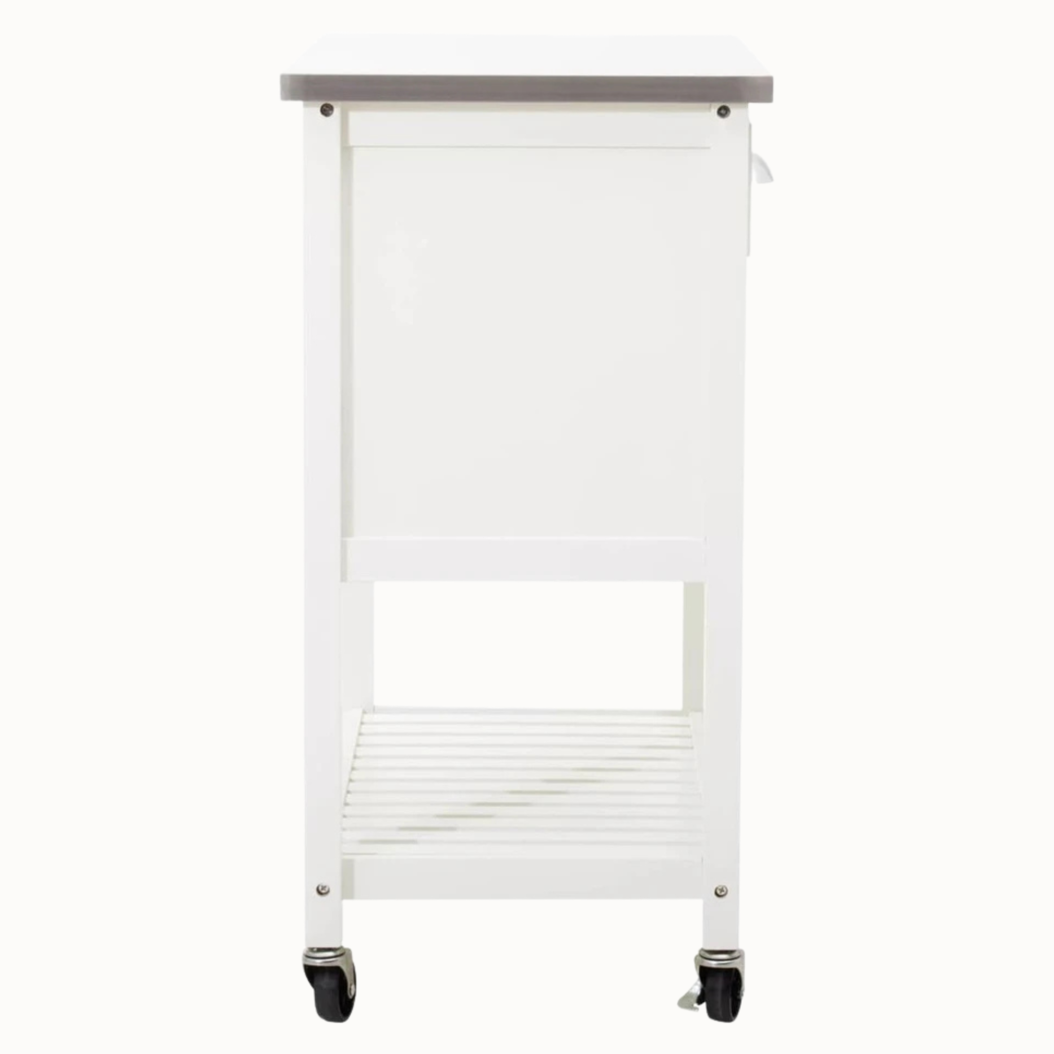 Side view of cream kitchen trolley with stainless steel top, lower slatted shelf and caster wheels on white.