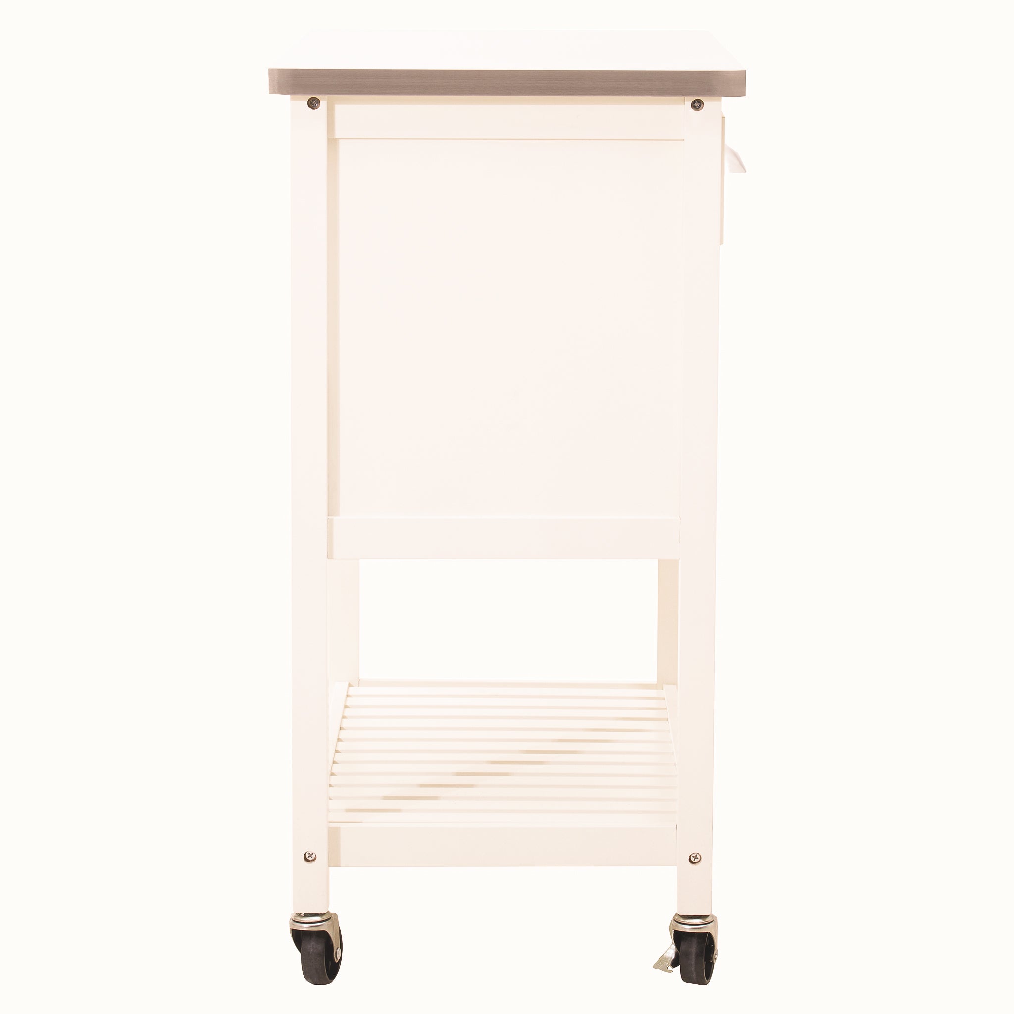 Side view of the Étienne Cream Kitchen Trolley with Stainless Steel Top & Storage Baskets, showing its slim profile, open slatted lower storage shelf and mobile castor wheels.