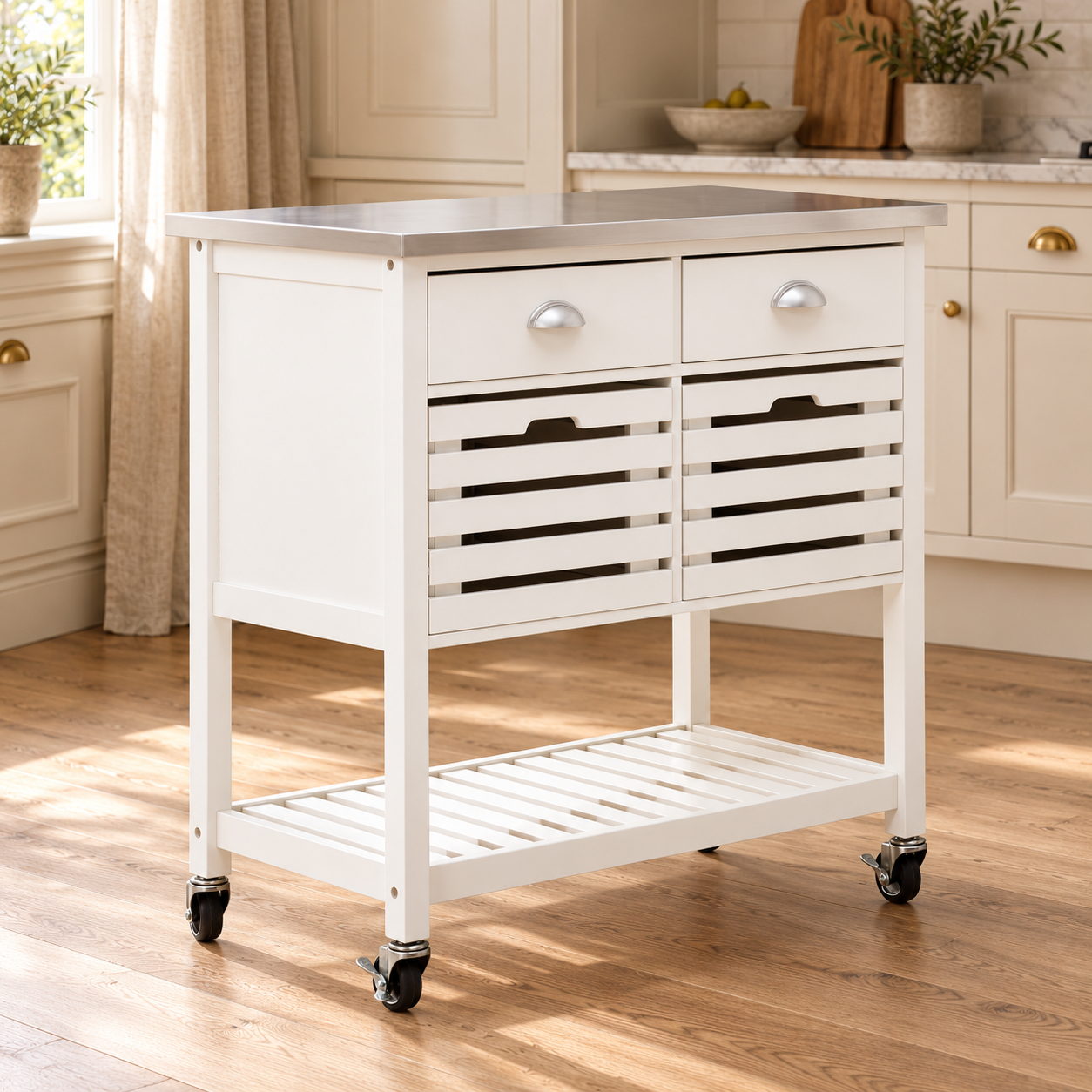 Étienne cream kitchen trolley with stainless steel top and storage baskets in a bright cream kitchen.