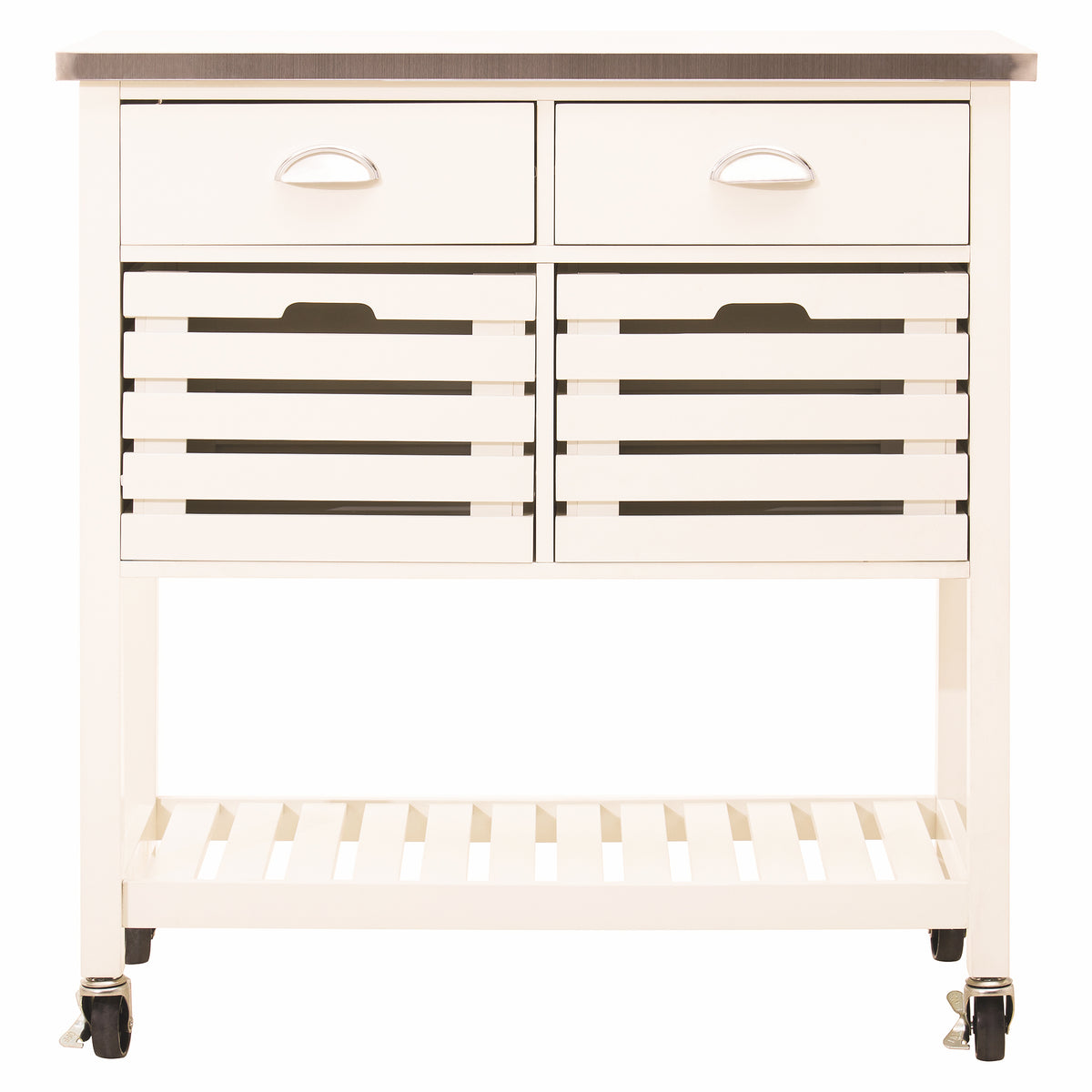 Front view of the Étienne Cream Kitchen Trolley with Stainless Steel Top & Storage Baskets, featuring two storage drawers, two slatted pull-out baskets, lower shelf and castor wheels for versatile kitchen storage.