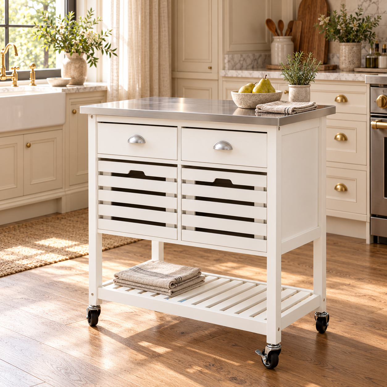 Cream kitchen trolley with steel top, drawers and storage baskets styled in a sunlit traditional kitchen.