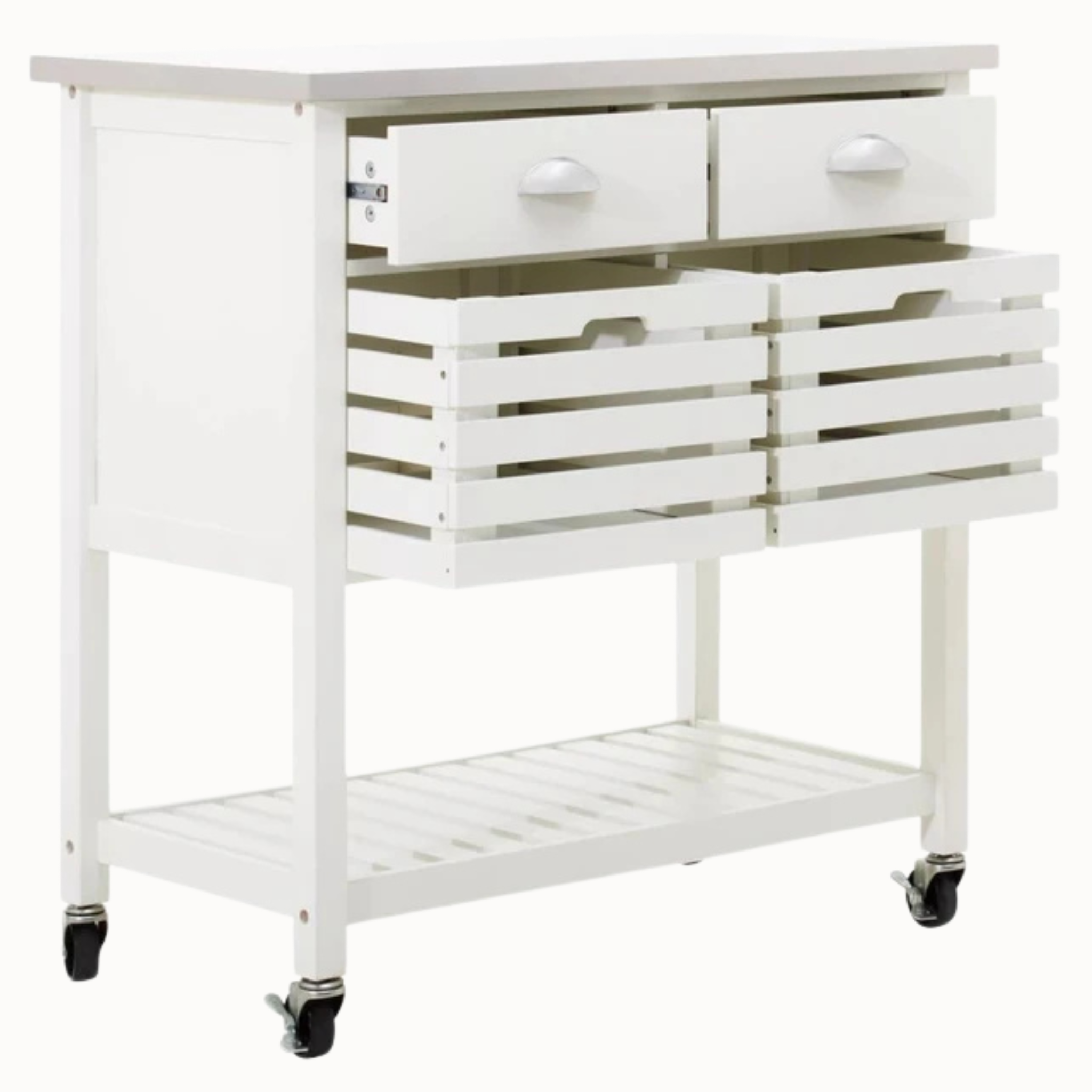 Cream kitchen trolley with open slatted storage baskets, two drawers and caster wheels on white.