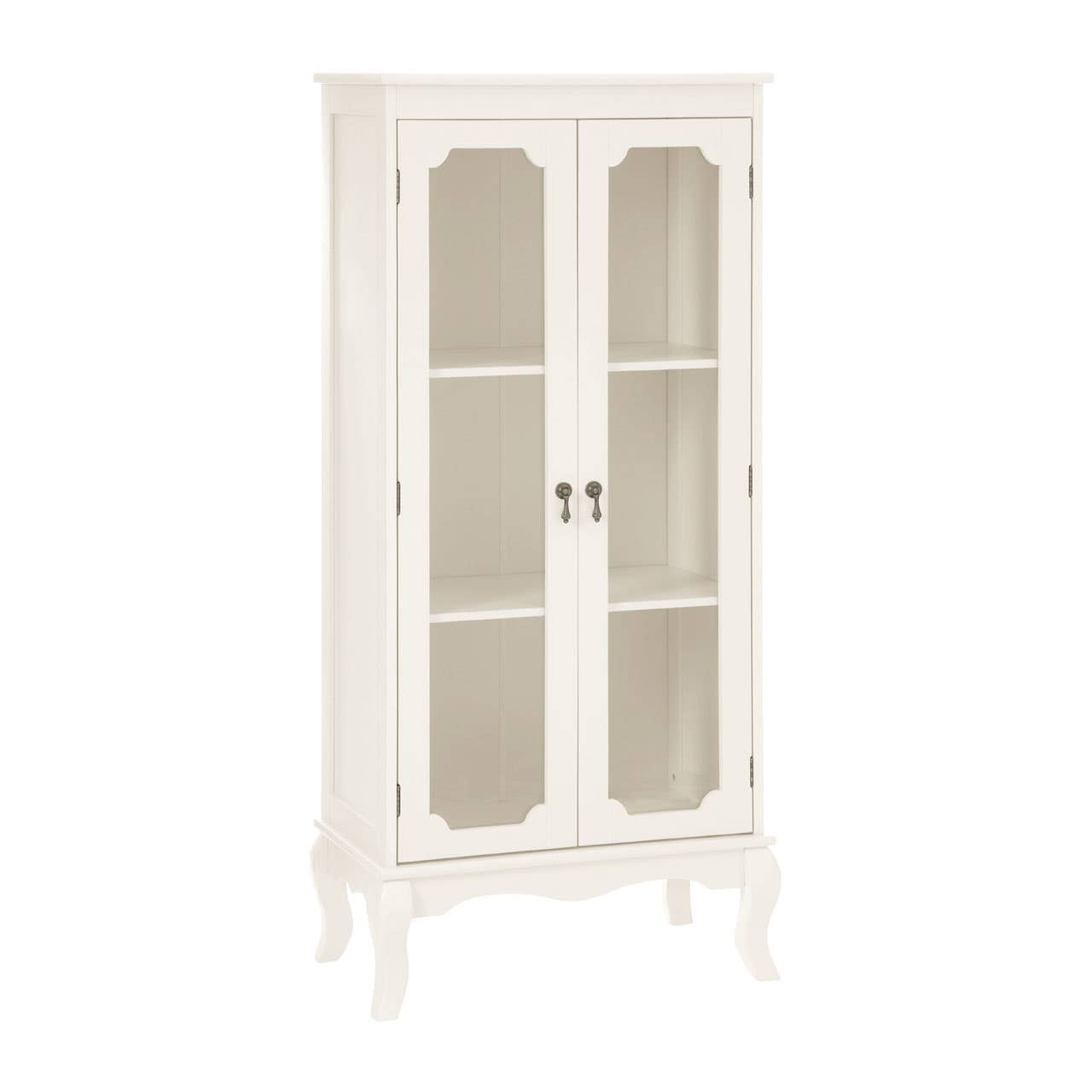 Front view of the Évangeline Ivory Display Cabinet with 2 glass doors and carved legs, featuring an ivory painted finish, spacious internal shelving, glazed display doors and timeless French-inspired craftsmanship for living rooms and dining spaces.