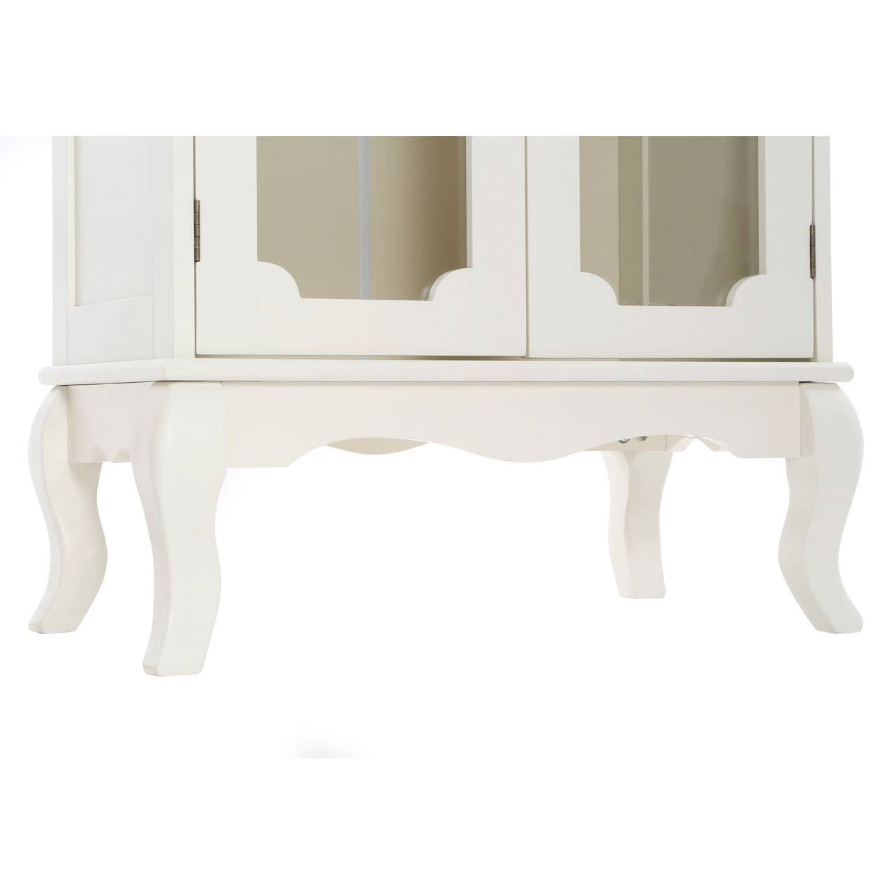 Close-up of the Évangeline Ivory Display Cabinet showcasing the beautifully carved cabriole legs, shaped apron, ivory painted finish and handcrafted French country furniture detailing.